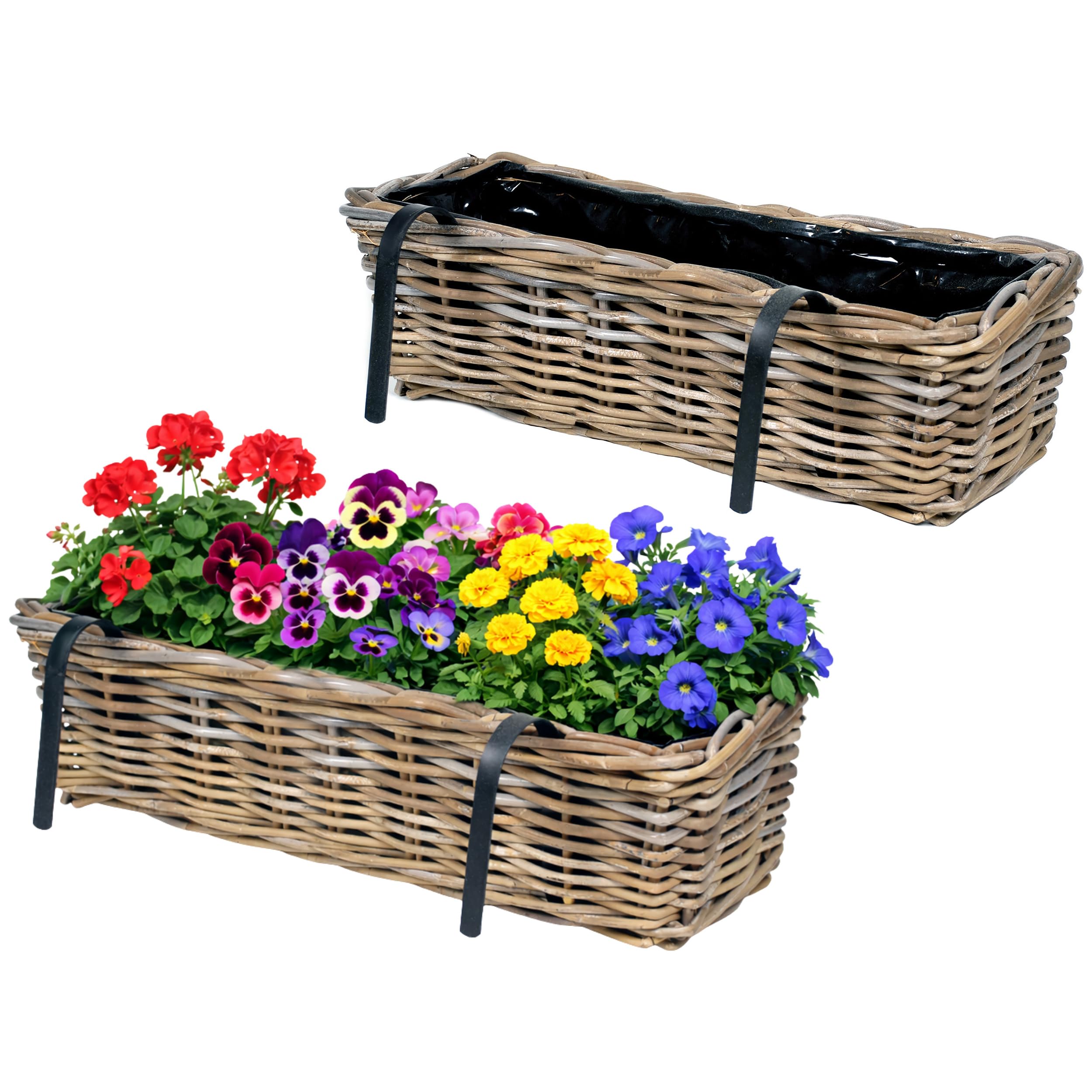 Annastore Blumenkasten 2er Set 55 cm Weide Natur zum Einhängen Balkon | Für Geländer bis 5,5 cm, mit Folie, direkt bepflanzbar, wetterfest, formstabil, Pflanzkasten für Garten & Blumen