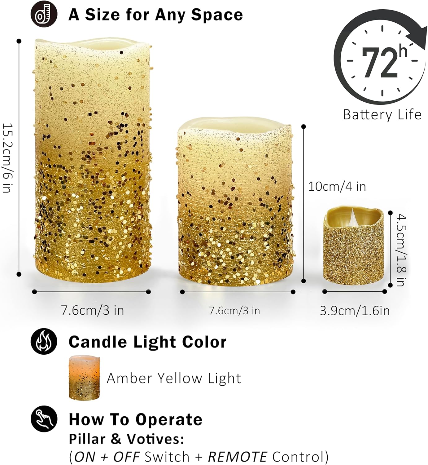 FURORA LIGHTING Gold Glitter LED Candles with Remote and Timer, 4 Pillars and 4 Votives Pack of 8, Real Wax Flameless Flickering Candles for Home Décor, Battery Included
