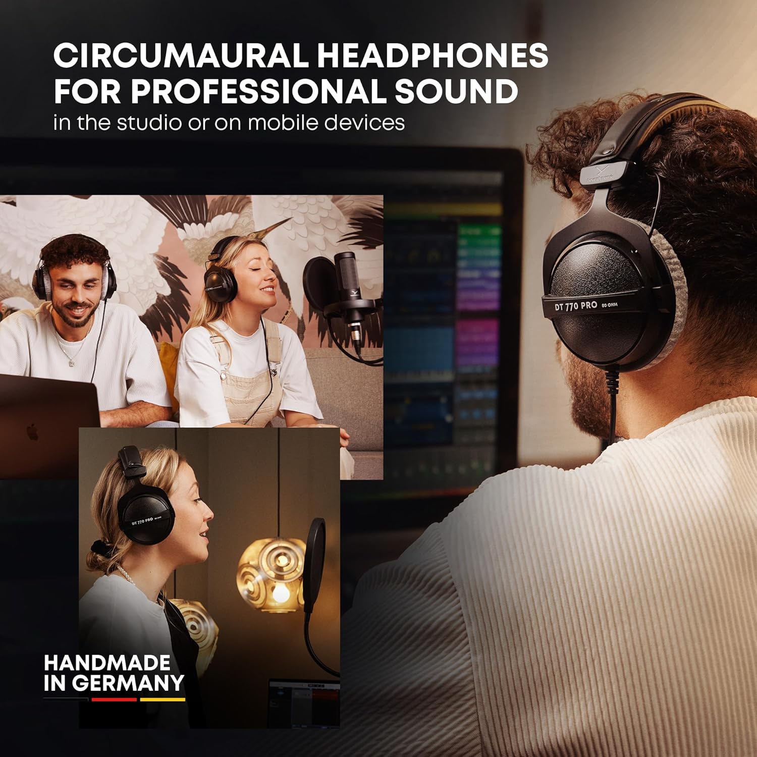 beyerdynamic DT 770 PRO, 250 Ohm, Closed Back, Over Ear, Wired Professional Studio Headphones, Studio Monitor, Audiophile, 3m Coiled Cable, Black with Gray Velour Ear Pads