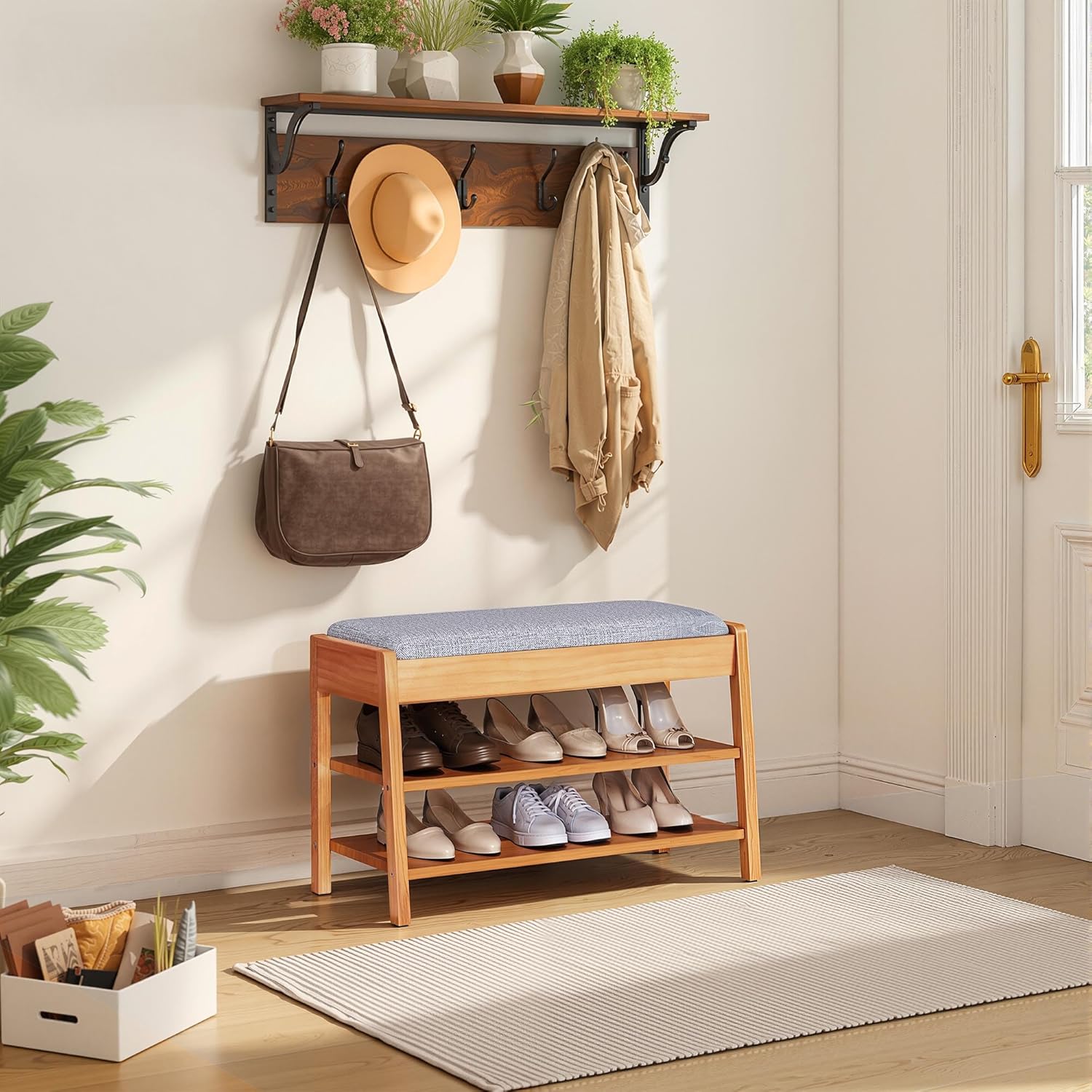 PARTPHONER Shoe Rack Bench with Storage, 2-Tier Solid Wood Entryway Bench with Cotton-Linen Cushion, Multipurpose Storage Organizer Bench for Bedroom, Hallway, Living Room, 31.5”