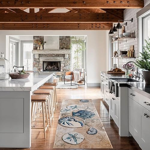 Miniatura 6 de Juego de 2 alfombras náuticas de cocina, diseño de conchas marinas con temática oceánica, alfombras decorativas para cocina, playa tropical de bajo