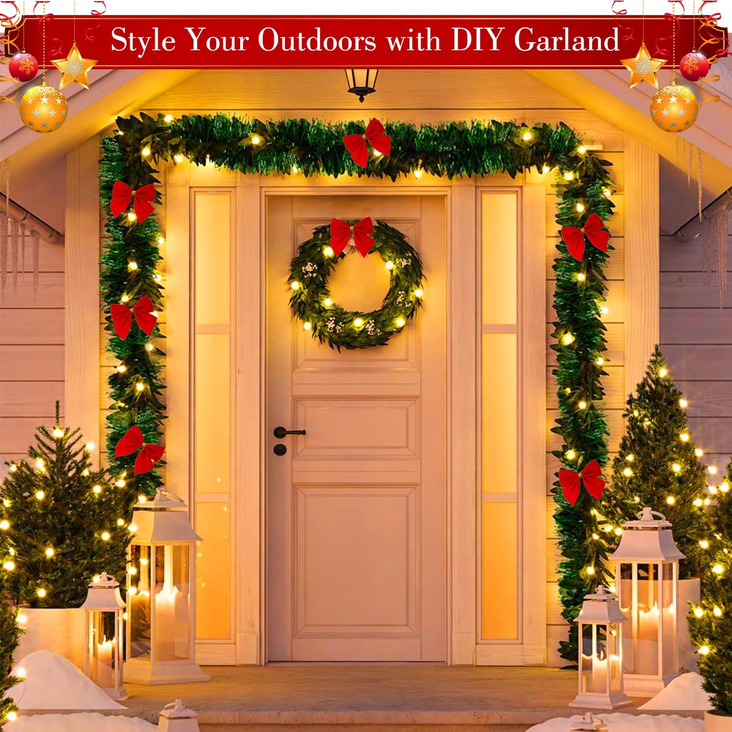 72フィート クリスマスガーランド Icnice ガーランド クリスマスデコレーション 36個のクリスマスレッドベルベットリボンと2