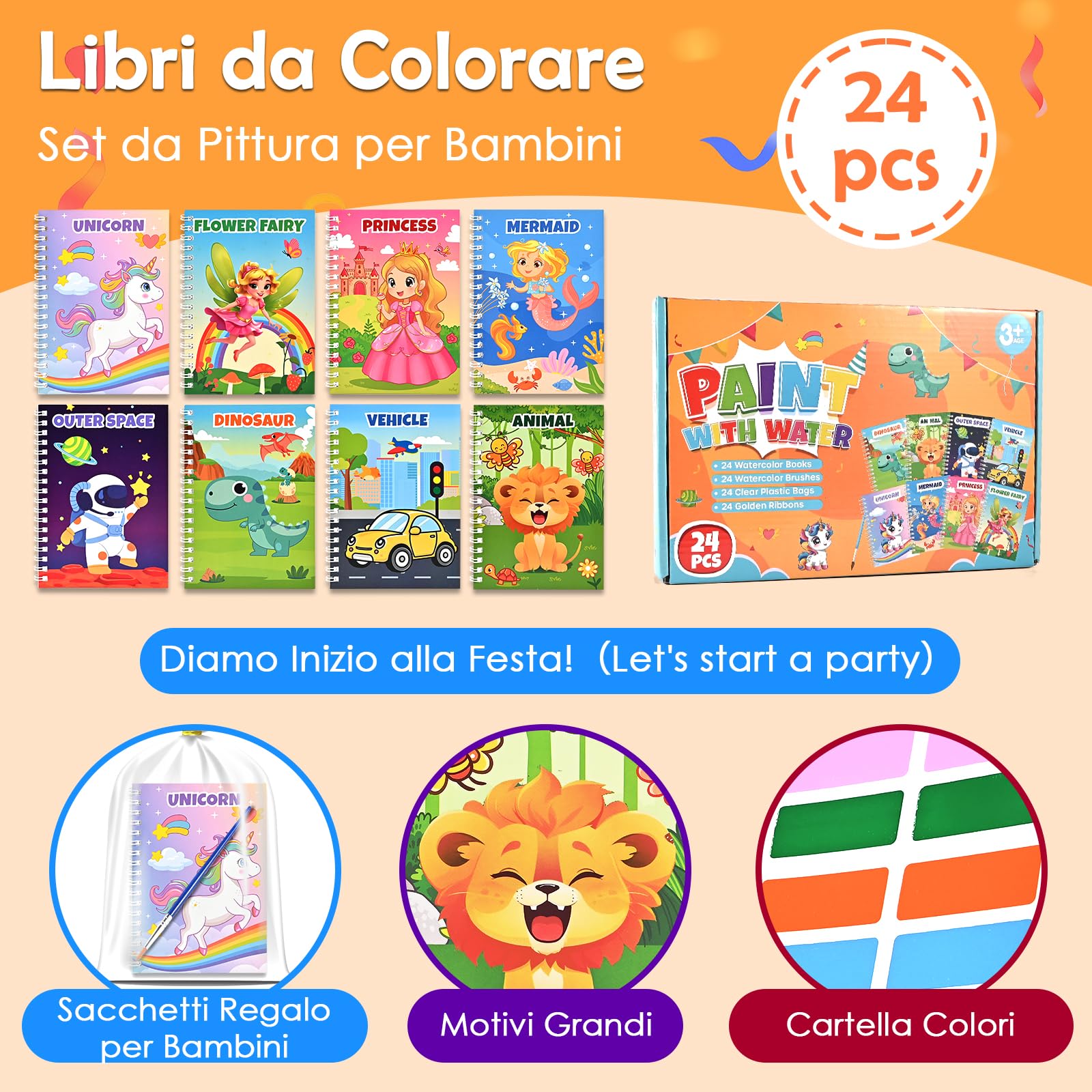 GOLDGE 24 Libri da Colorare Gadget Compleanno Bambini, Mini Libro da Colorare Set con Acquerelli Carta per Pittura Sacchetti Regalo Pennelli, Regalini fine Festa Compleanno 4-8 Anni