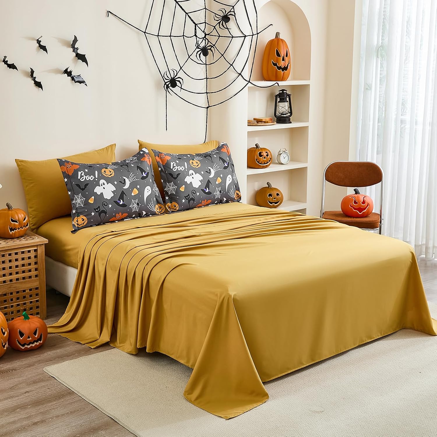 Halloween Comforter Set King Size 7 Pieces Pumpkins Bedding set with Ghost