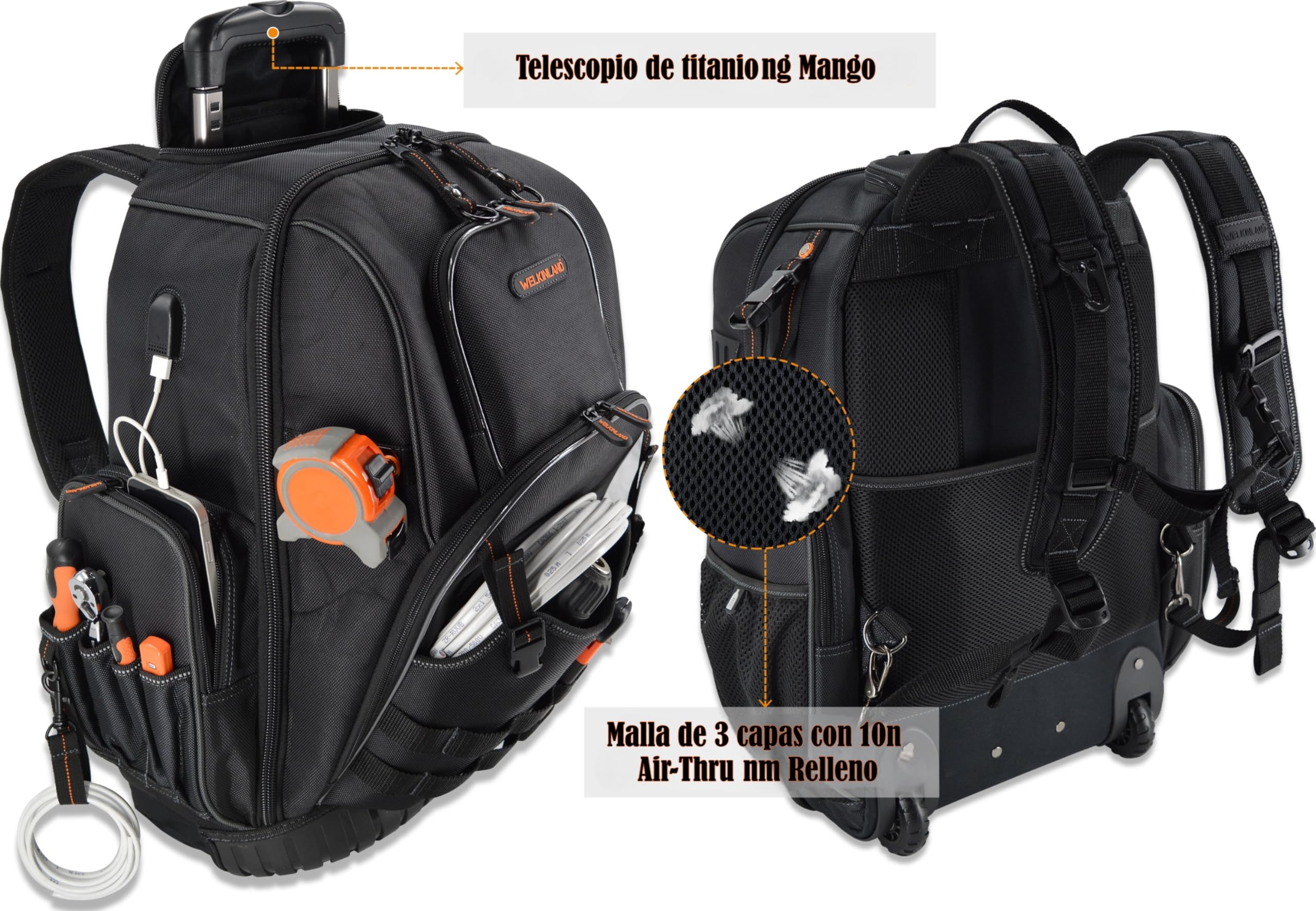 Mochila de Herramientas Con Ruedas de 72 Bolsillos, Bolsa Grande de Electricista Para Hombre