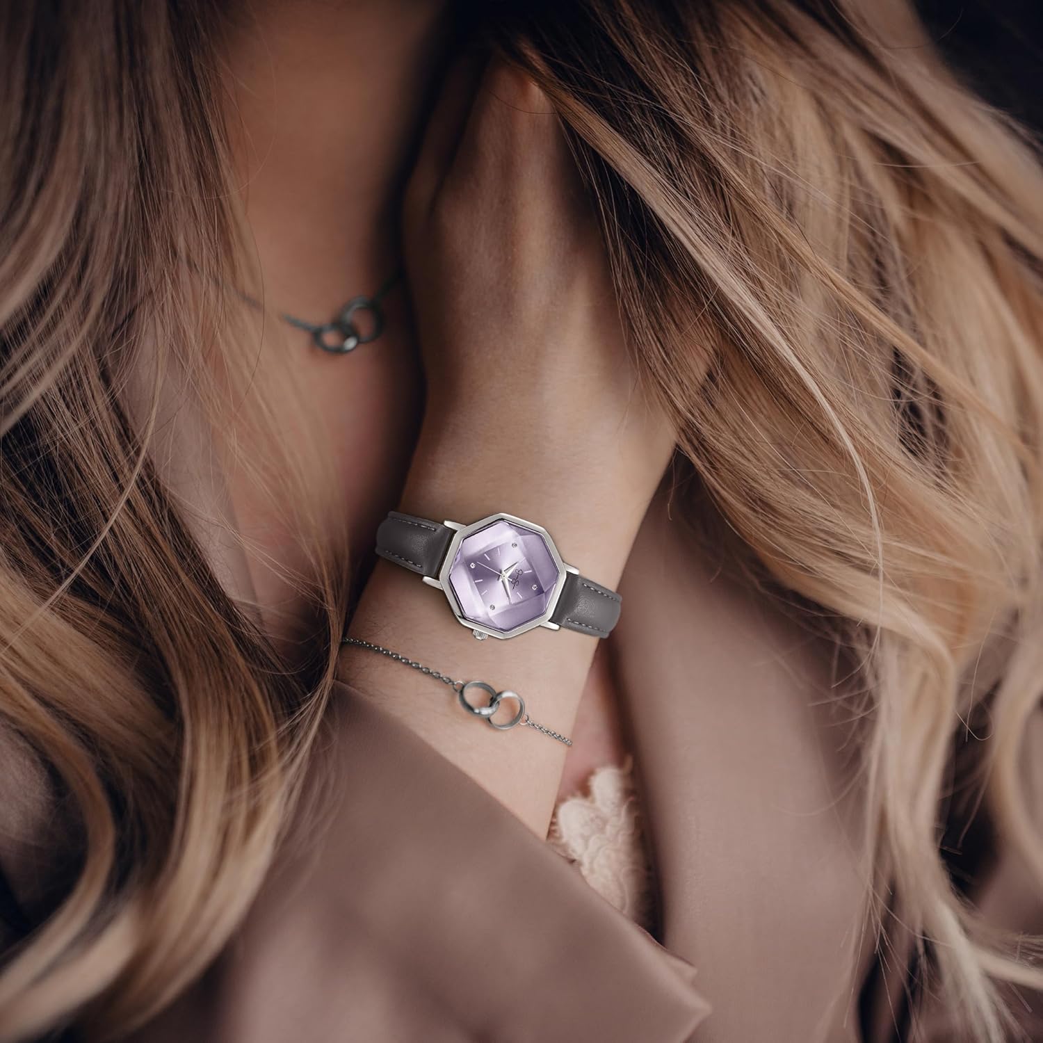 Jessica Simpson Women's Leather Band Watch, Octagon Faceted Crystal Dial, Classic Quartz Movement, Stylish Dress Watch for Women - Image 3