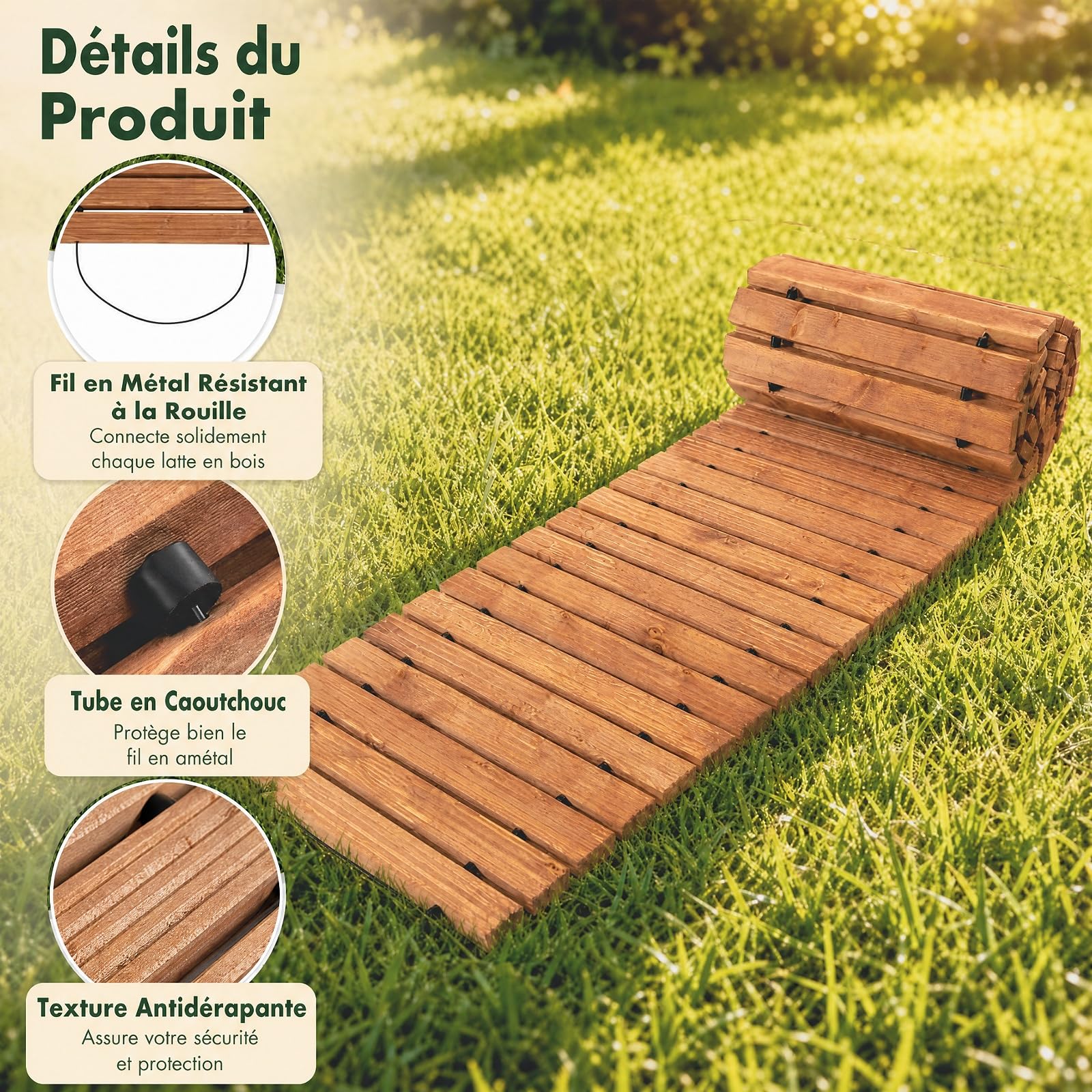 GYMAX Chemin de Jardin en Bois de Sapin Enroulable, 245 x 55 cm | Allée de Jardin avec Surface Antidérapante, Design Portable Compact, Décorative pour Plage Terrasse Pelouse et Cour
