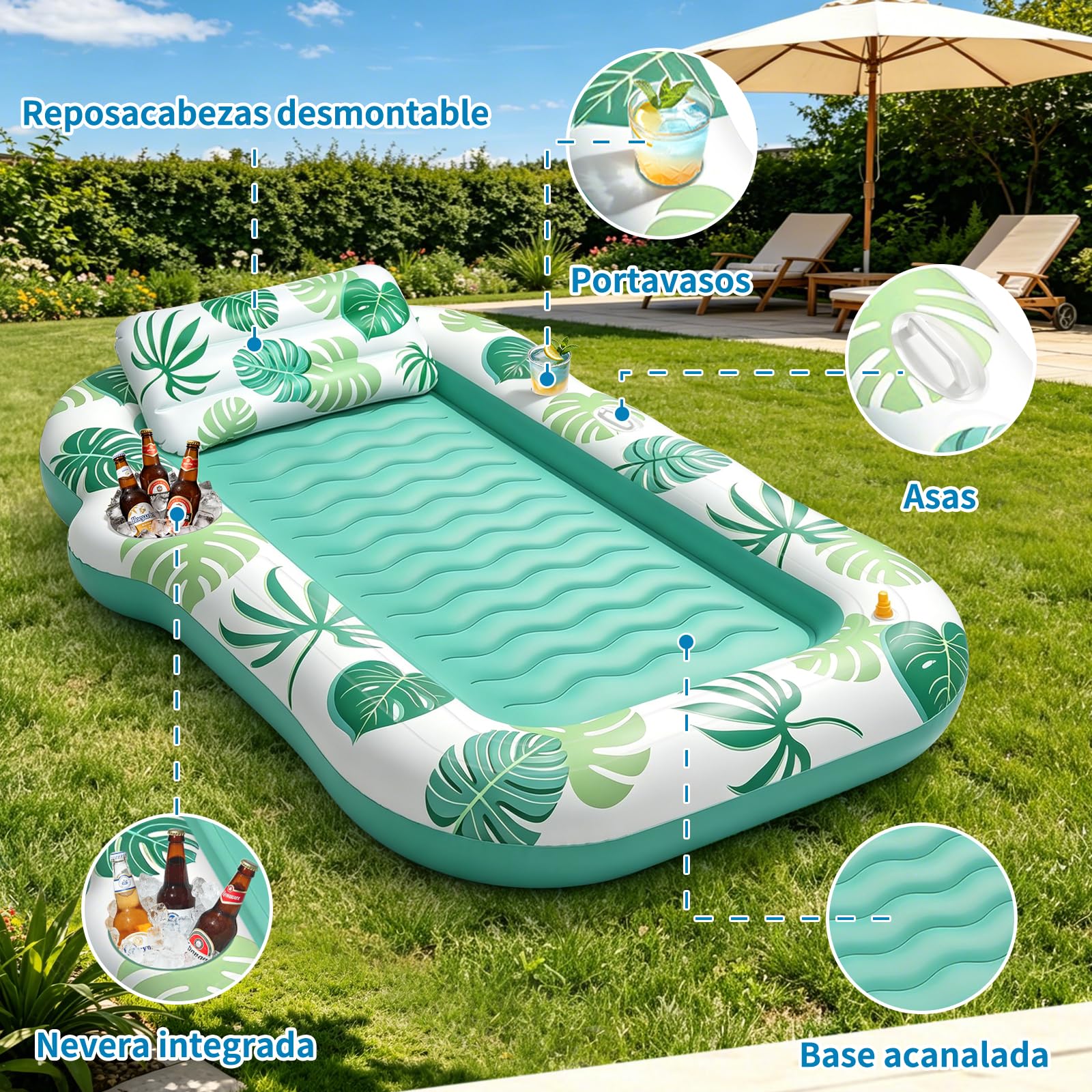 JONRRYIN Colchoneta Piscina Adultos, Tanning Pool con Función de Rociado y Portavasos, Colchoneta Hinchable 215×150 cm, Hamaca Hinchable Flotador para Playa y Agua