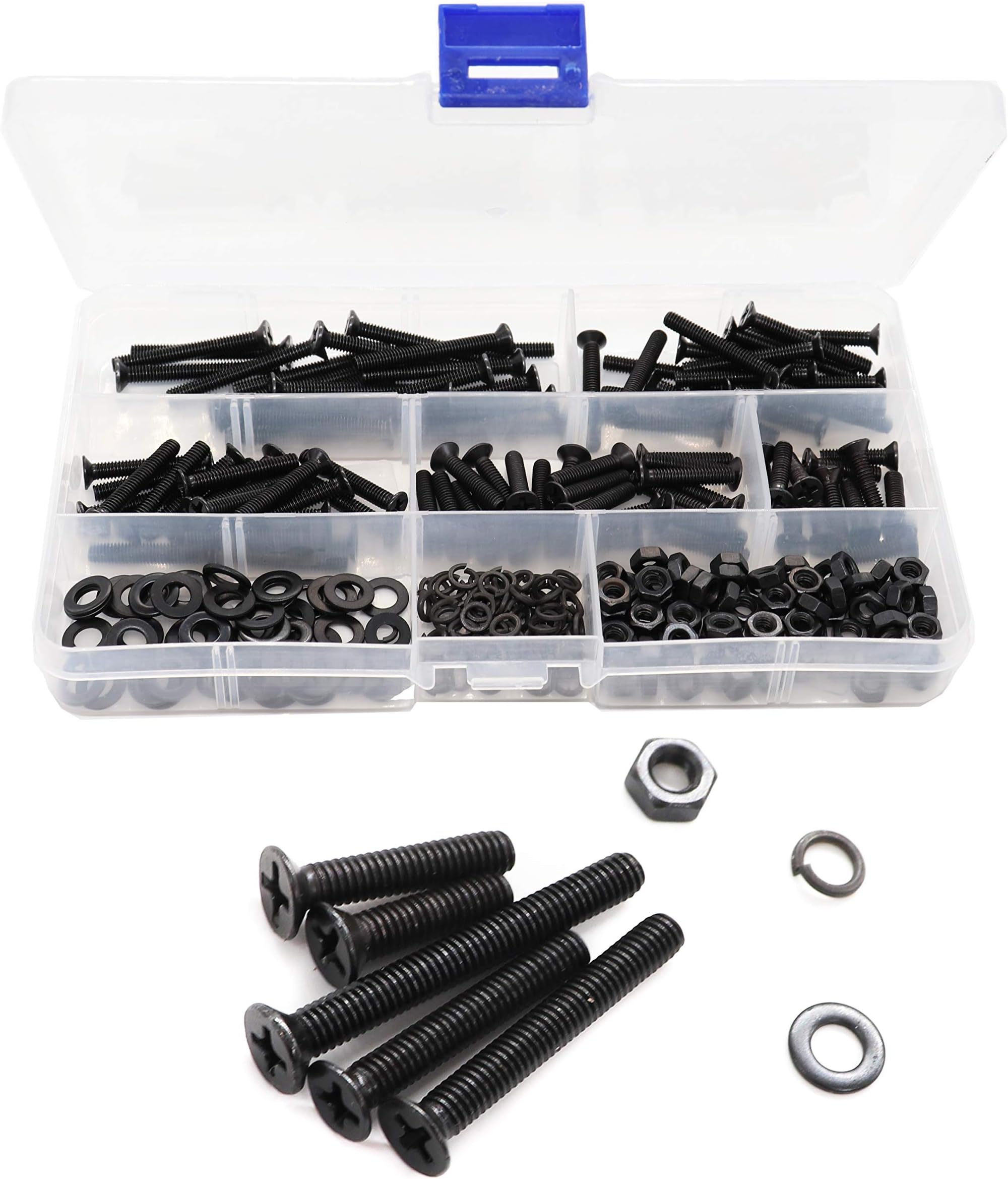 binifiMux340pcs Black Flat Phillips Head M4 Screws Nuts Washers Assortment Kit, M4x20mm/ 25mm/ 30mm/ 35mm/ 40mm,Carbon Steel