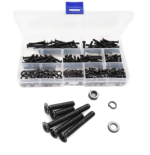 binifiMux Juego surtido de 340 tornillos Phillips planos negros M4, tuercas y arandelas, M4x20mm 0.984 in 1.181 in 1.378 in 1.575 in, acero al