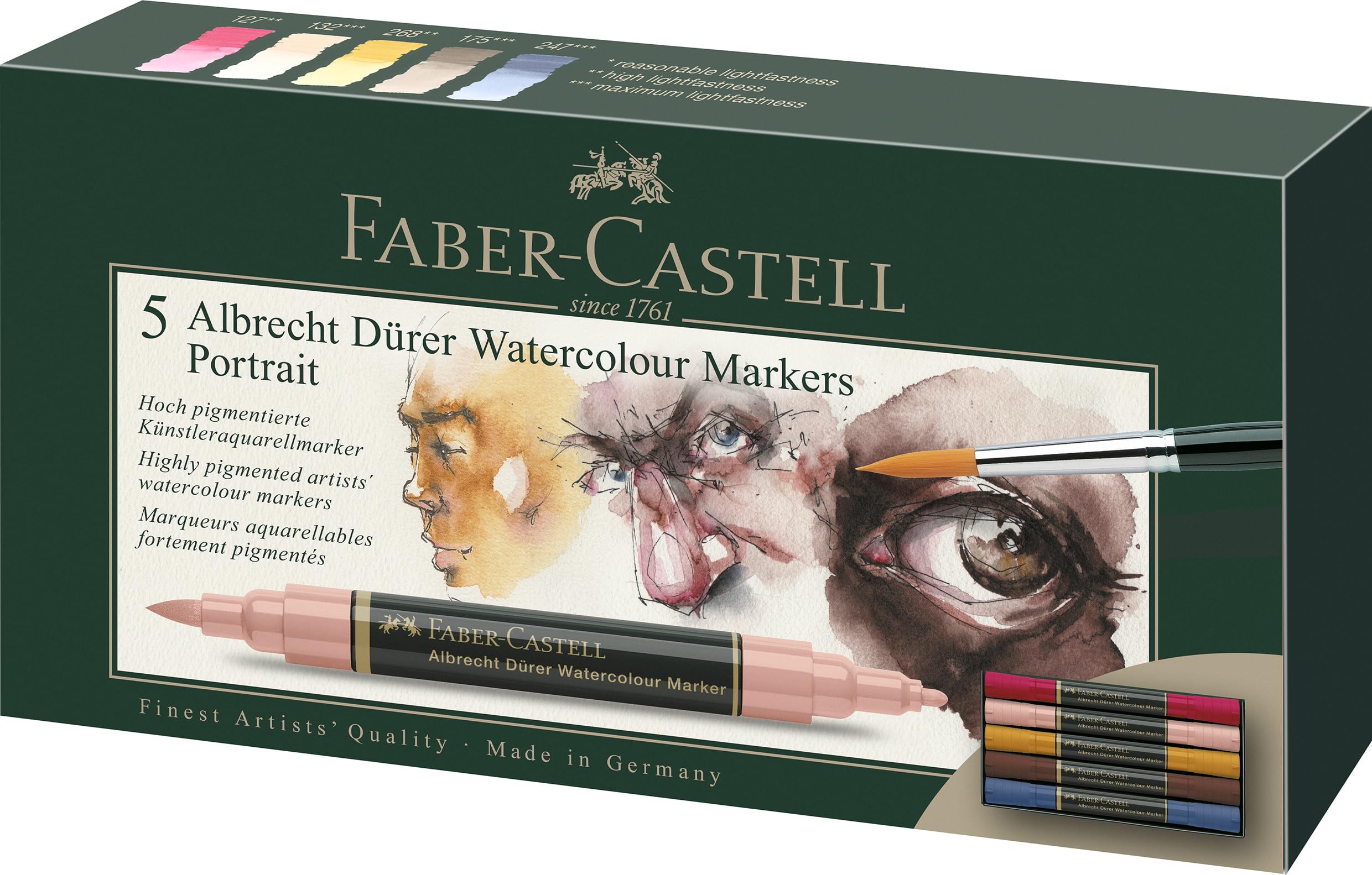 FABER-CASTELL - markery akwarelowe Albrecht Dürer, 5er, portretów | Wysoce pigmentowane kredki artystyczne z końcówką pędzelkową i włóknistą