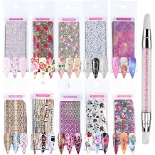 100 Sheets Nail Foil Transfer Sheets, 4 * 20CM Lace Flower Leopard Print Nail Foil Transfer Sticker Kit, 1 Pcs Nail Art Engraving Pen Silicone Pen