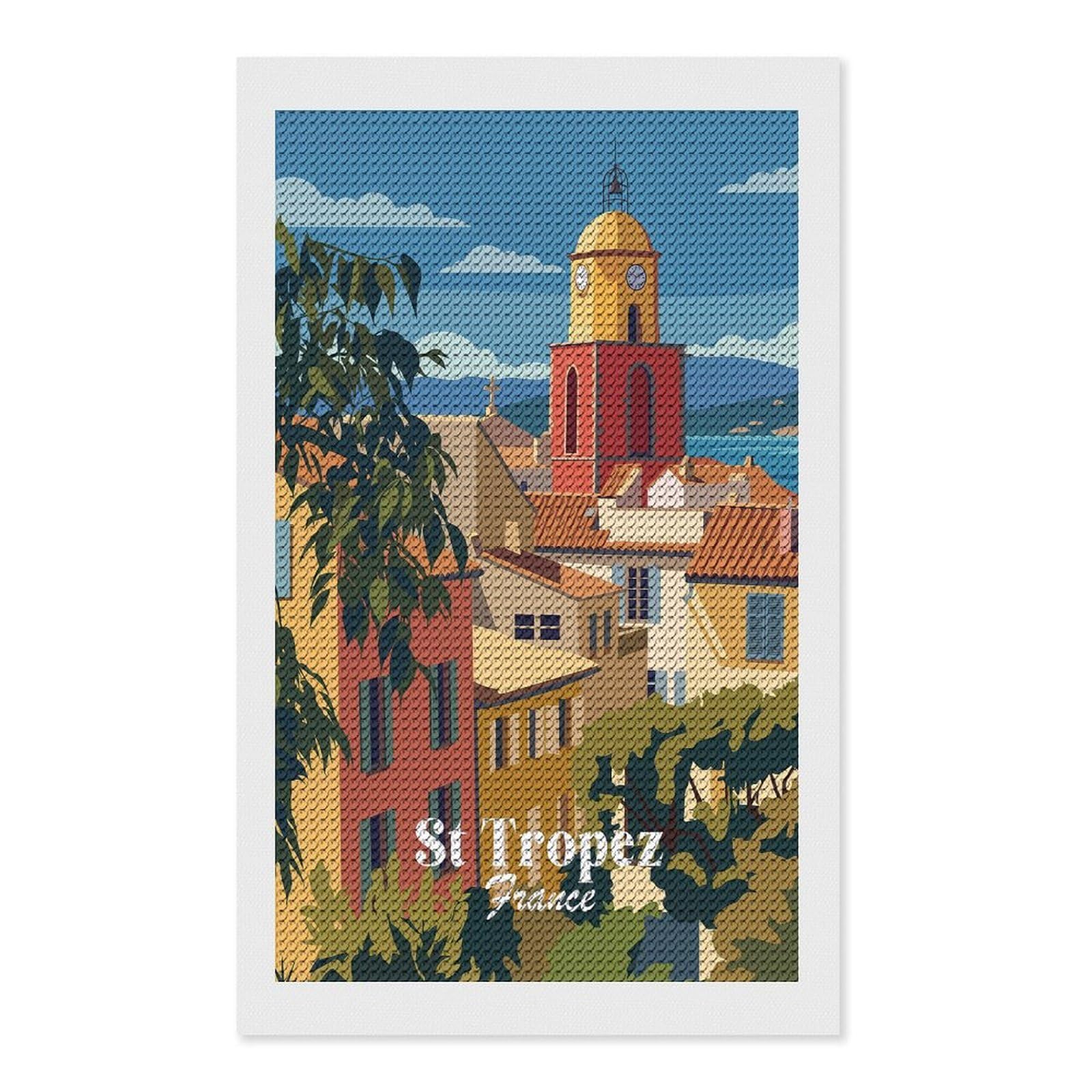 Junmoney St Tropez France Diamond Painting Canvas Set 12"x20", for Craft Lovers, Decorate Your Room, Festive Craft Gift, Vintage Style Decor