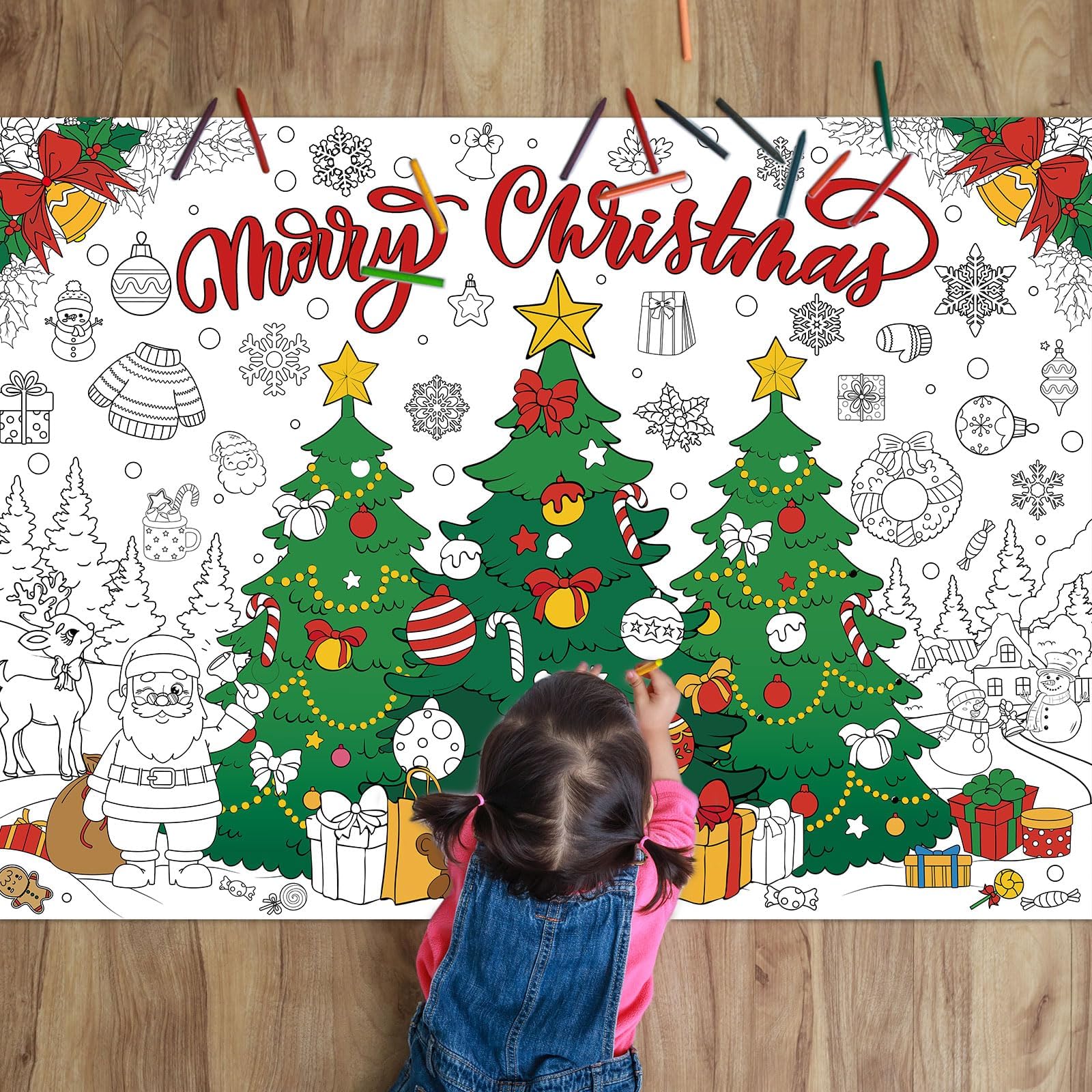 Christmas Coloring Poster for Kids Giant Xmas Coloring Tablecloth Large Christmas Tree Color Paper Banner Sheet Page 31" x 43"Jumbo Art Crafts for