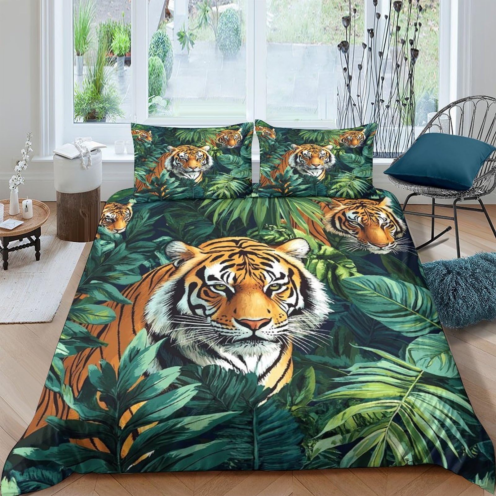 TUFRTGYHN 3D Printed Tiger Jungle Duvet Cover Set Microfiber Soft Breathable Animal Forest Bedding Set with 2 Pillowcases for Bedroom Decor Single（135x200cm）