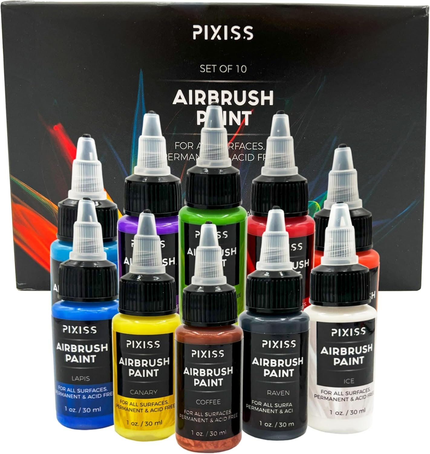 Pixiss Air Brush Painting Set 10 Colors of Acrylic Paint