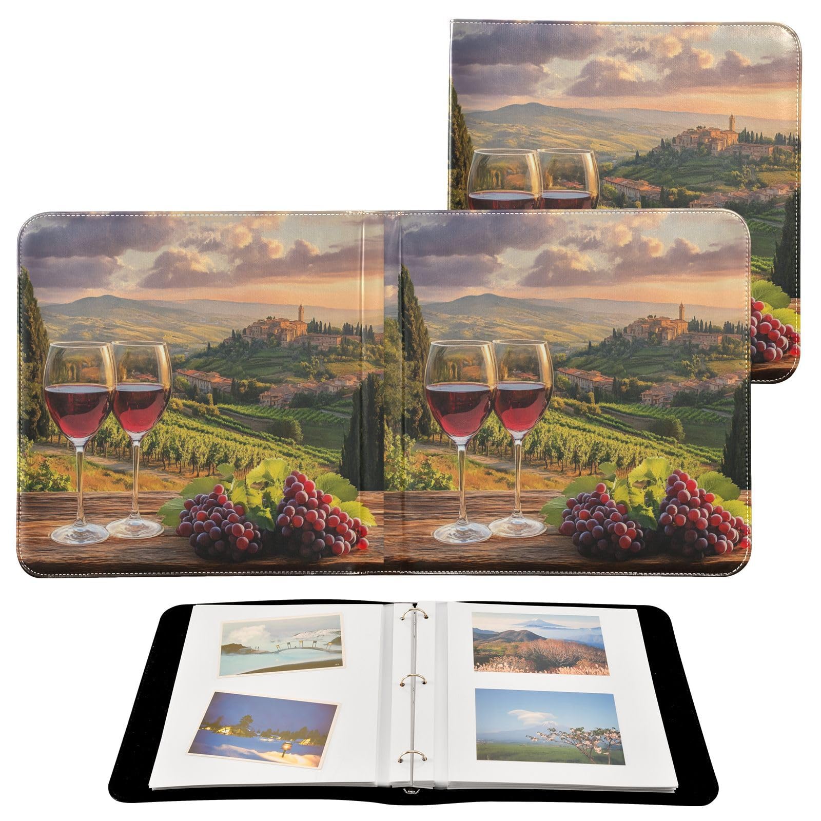 ALAZA Álbum de fotos autoadhesivo con diseño de copas de vino de Italia y puesta de sol, cubierta de piel sintética, 3 anillas, para boda, familia, viajes, recuerdos