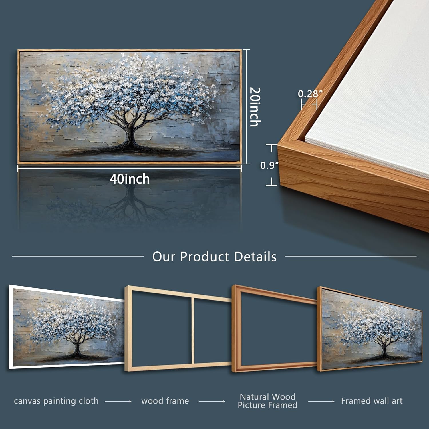 ERQINHUA Wall Art For Living Room Large Wall Decor Art For Office Abstract Pictures Blue Grey Tree Restaurant Wall Painting Framed Canvas Printing Art Bedroom Home Decoration Wood Framed 20"X40"