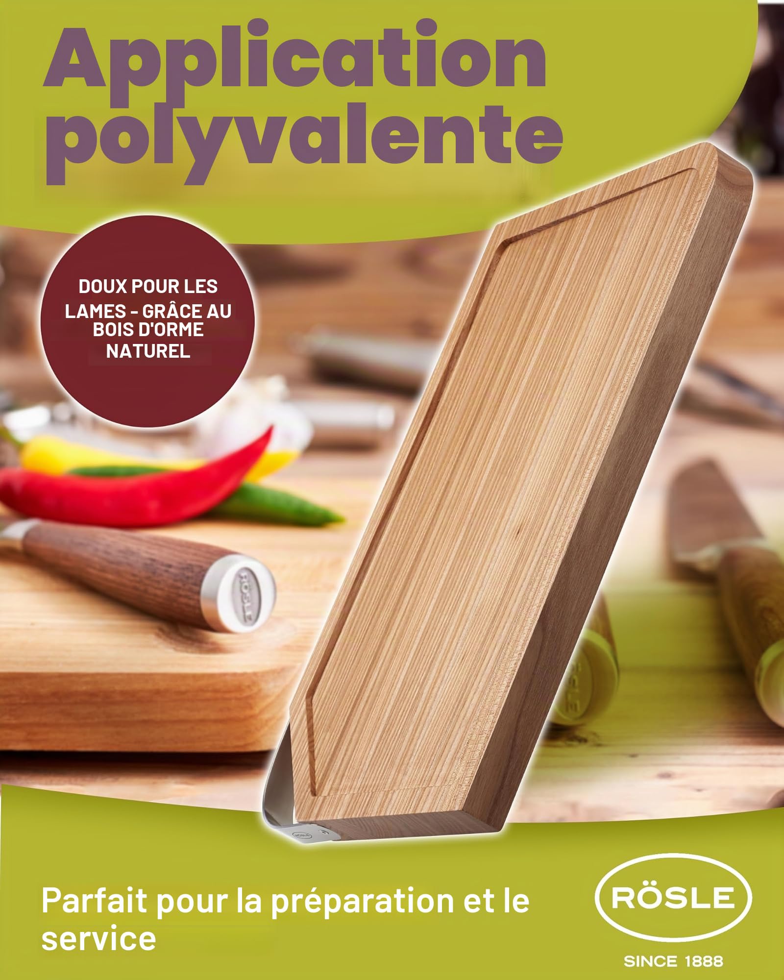 RÖSLE Planche à découper, support de découpe de haute qualité pour la cuisine pour une utilisation universelle, planche à servir, bois d'orme, acier inoxydable 18/10, 36 x 24 cm