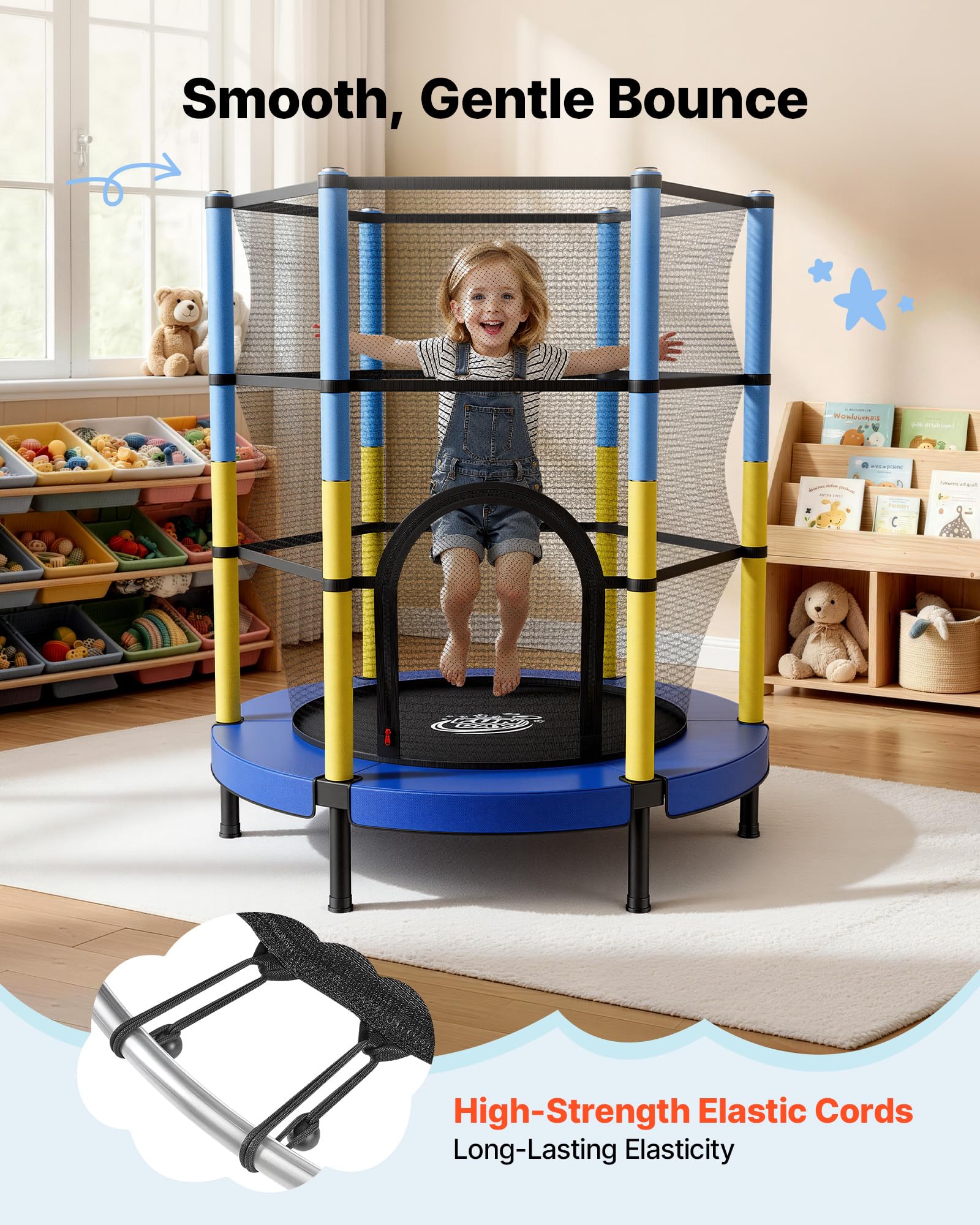 VEVOR Trampolino Elastico Giocattolo Bambini 142 cm Carico Dinamico 60 kg, Trampolino con Rete di Protezione a 360° per Salto, Struttura Rotonda, Gioco Ginnastico da Esterno Interno, Casa Cortile
