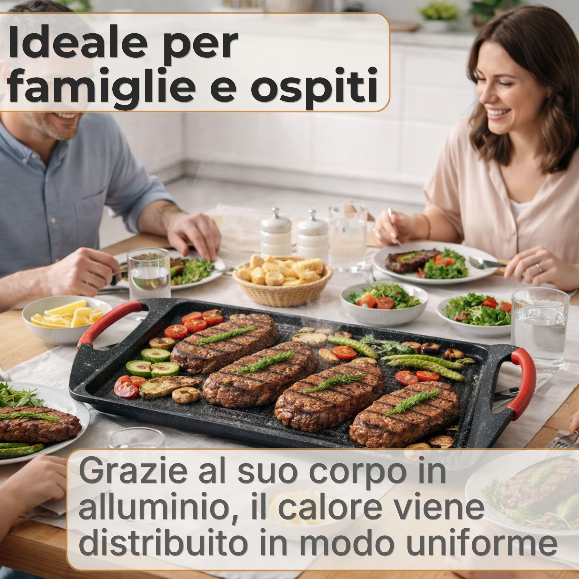 NAMAI - Bistecchiera Induzione Rettangolare, 45,5 CM x 27 CM | Rivestimento Antiaderente, Alluminio Pressofuso, Adatta In Lavastoviglie, Adatta a Tutti i Piani Cottura