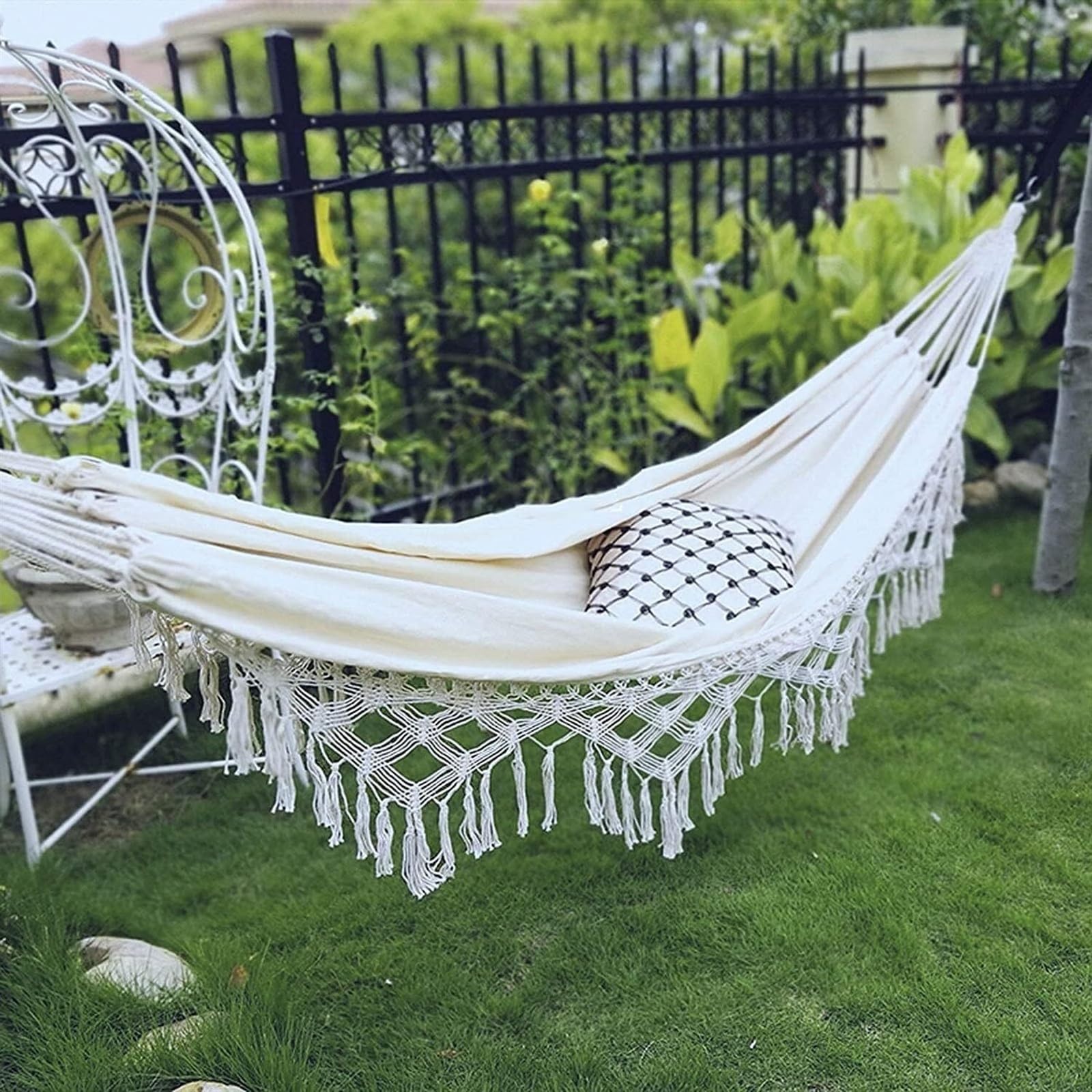 Hamak Ultralekki, Hammock 200x150 Cm Hamak Z Frędzlami Lina Huśtawka Płótno Solidna Smycz Fotel Bujany Na Zewnątrz Kryty Ogród na Kemping, na Zewnątrz(Black)