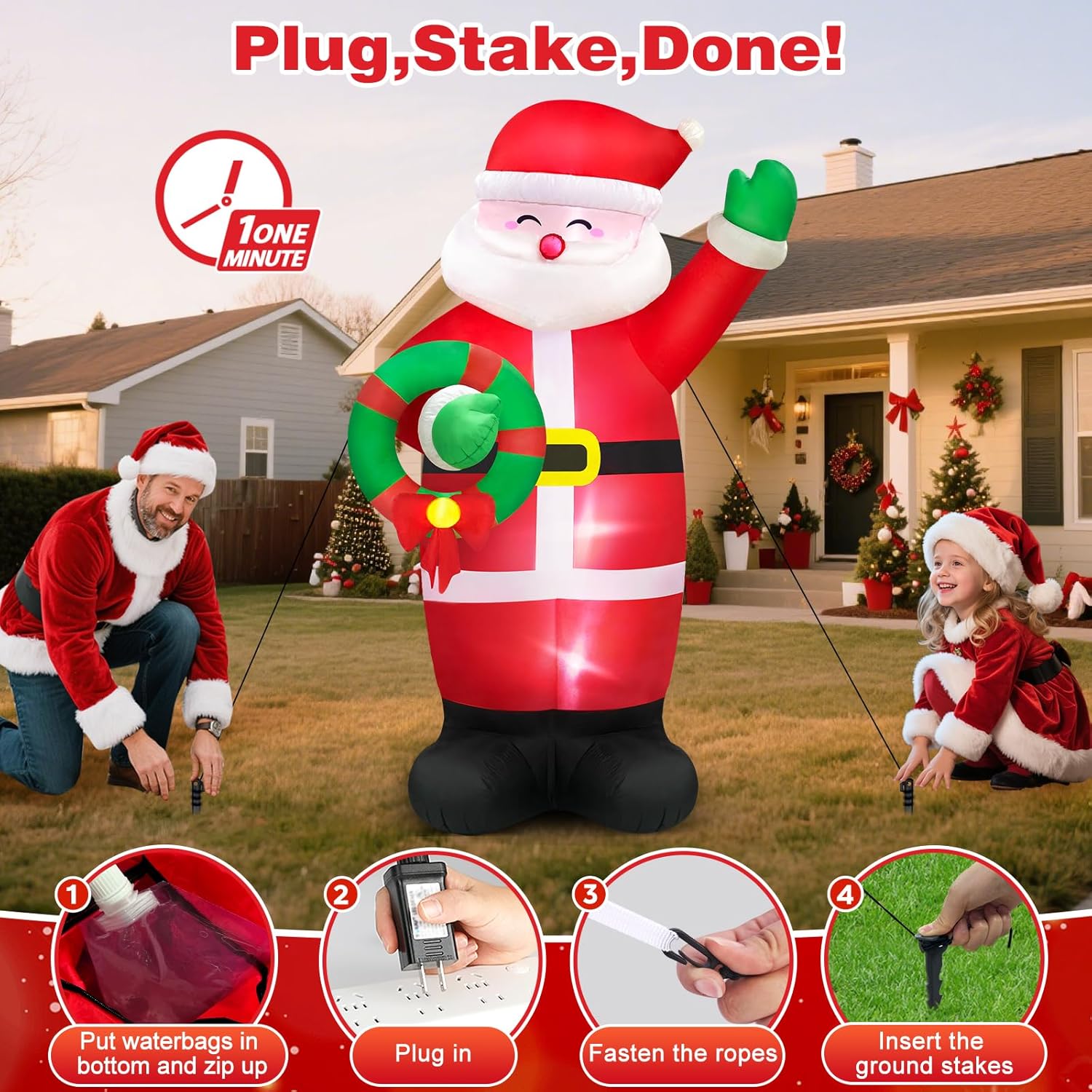 8 FT Huge Christmas Inflatables Santa Claus Holding Garland Outdoor Decorations, Build in LEDs & Tethers Stakes Giant Inflatable Santa Blow Up Yard Décor for Holiday Xmas Indoor Patio Lawn