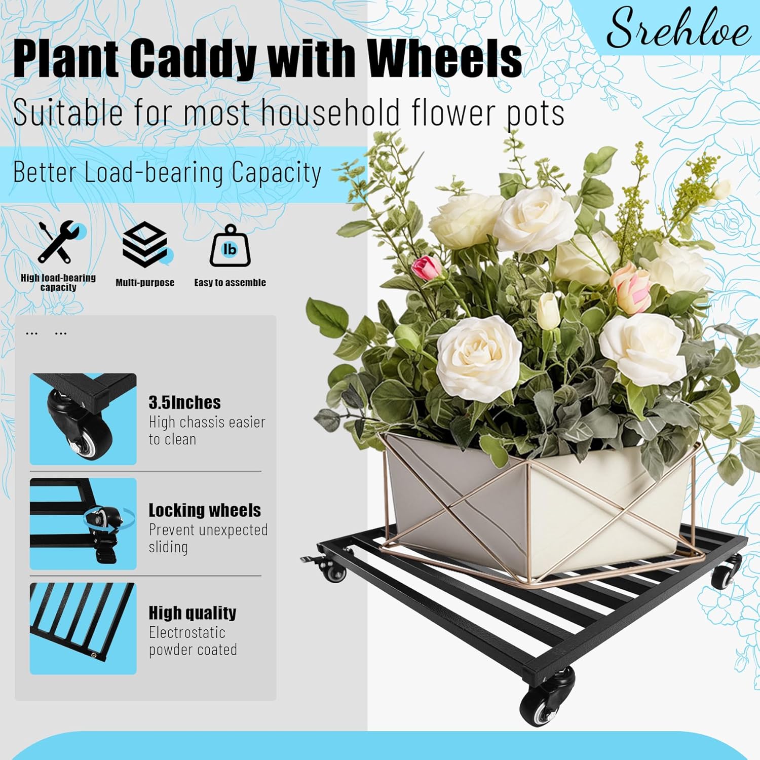 20 Inch Plant Caddy with Wheels Lockable Large Metal Square Plant Dolly Rolling Square Plants Stand Heavy Duty Trolley Suitable for Indoor Outdoor Pots Black