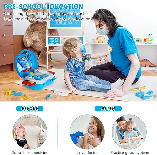 Miniatura 6 de iBaseToy Kit médico para niños 27 piezas pretender médico médico juego con estetoscopio electrónico kit médico regalo de kits médicos juguetes