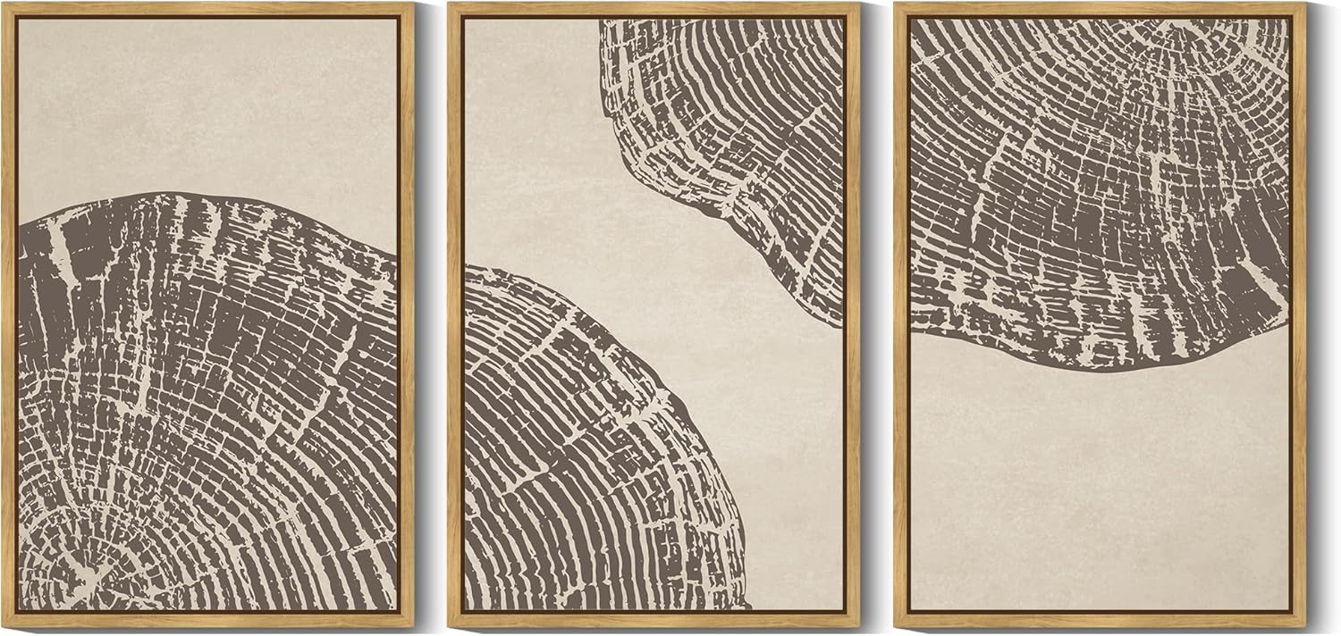 KUVIOKE Tree Rings Wood Framed Wall Art Modern Retro Beige Wood Stump Wall Decor Nature Rustic Artwork Farmhouse Home Decor 24x36in (Natural Framed)