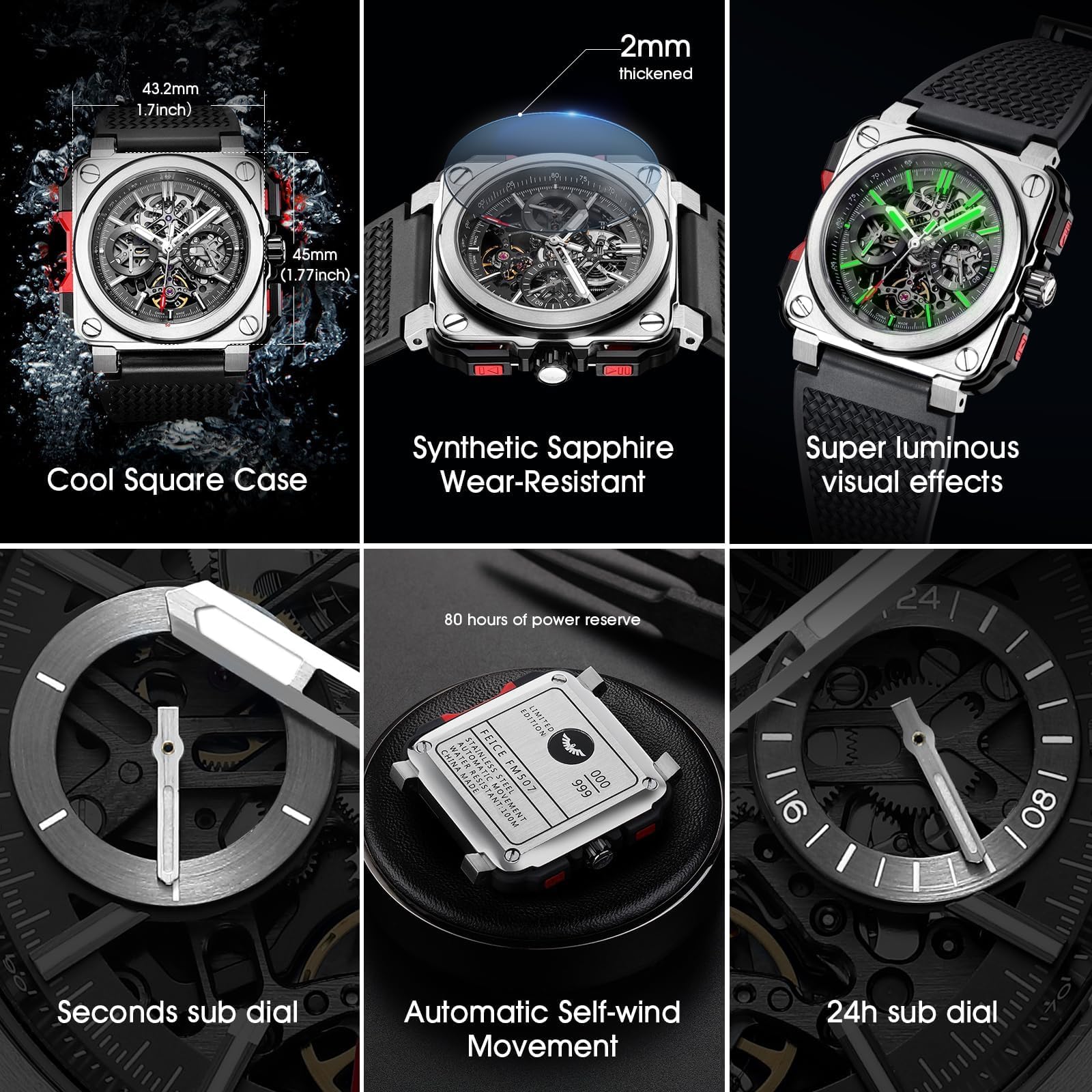 FEICE FM507 Orologio da polso automatico da uomo con scheletro automatico e calendario meccanico, orologio da polso quadrato sportivo, orologio luminoso impermeabile 10 ATM, sport