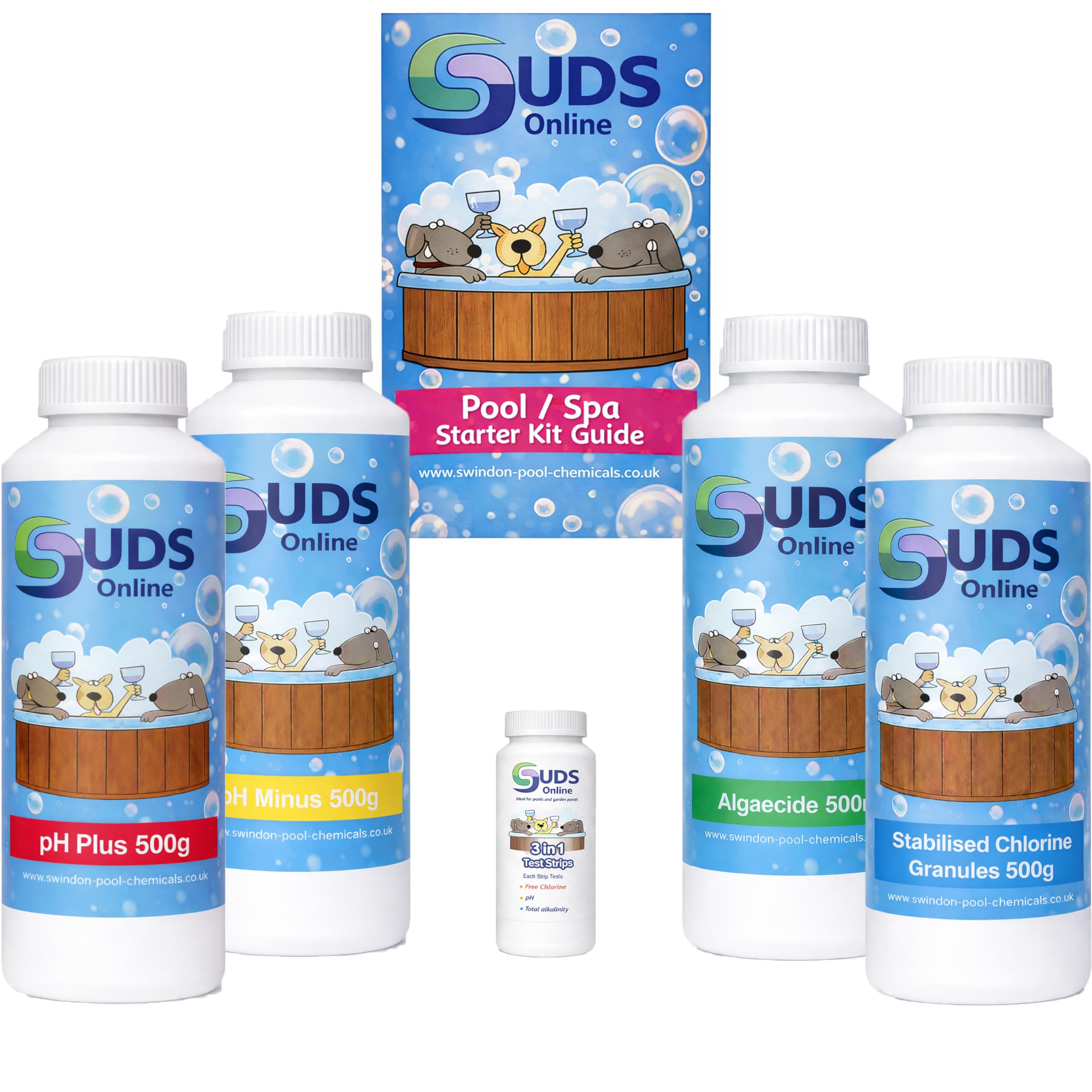Suds Online Swimming Pool Starter Kit 500G- Includes Chlorine, pH+, pH-, Algaecide & Strips (Granules)
