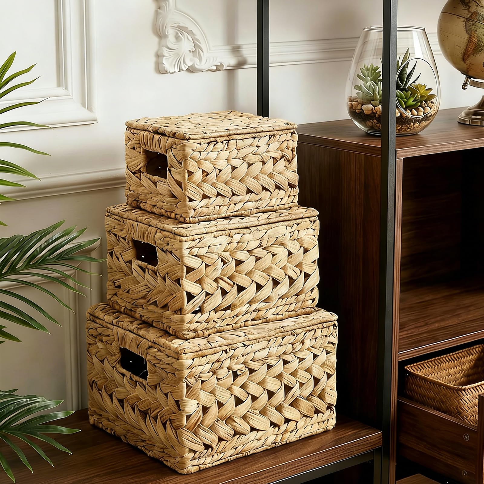 Homodoskey 3 Pack Wicker Storage Baskets with Lids, Hand Woven Rattan Lidded Hyacinth Baskets for Organizing, Woven Large Rectangular Basket Boxes with Top, Decorative Chest Organizer(14inch)