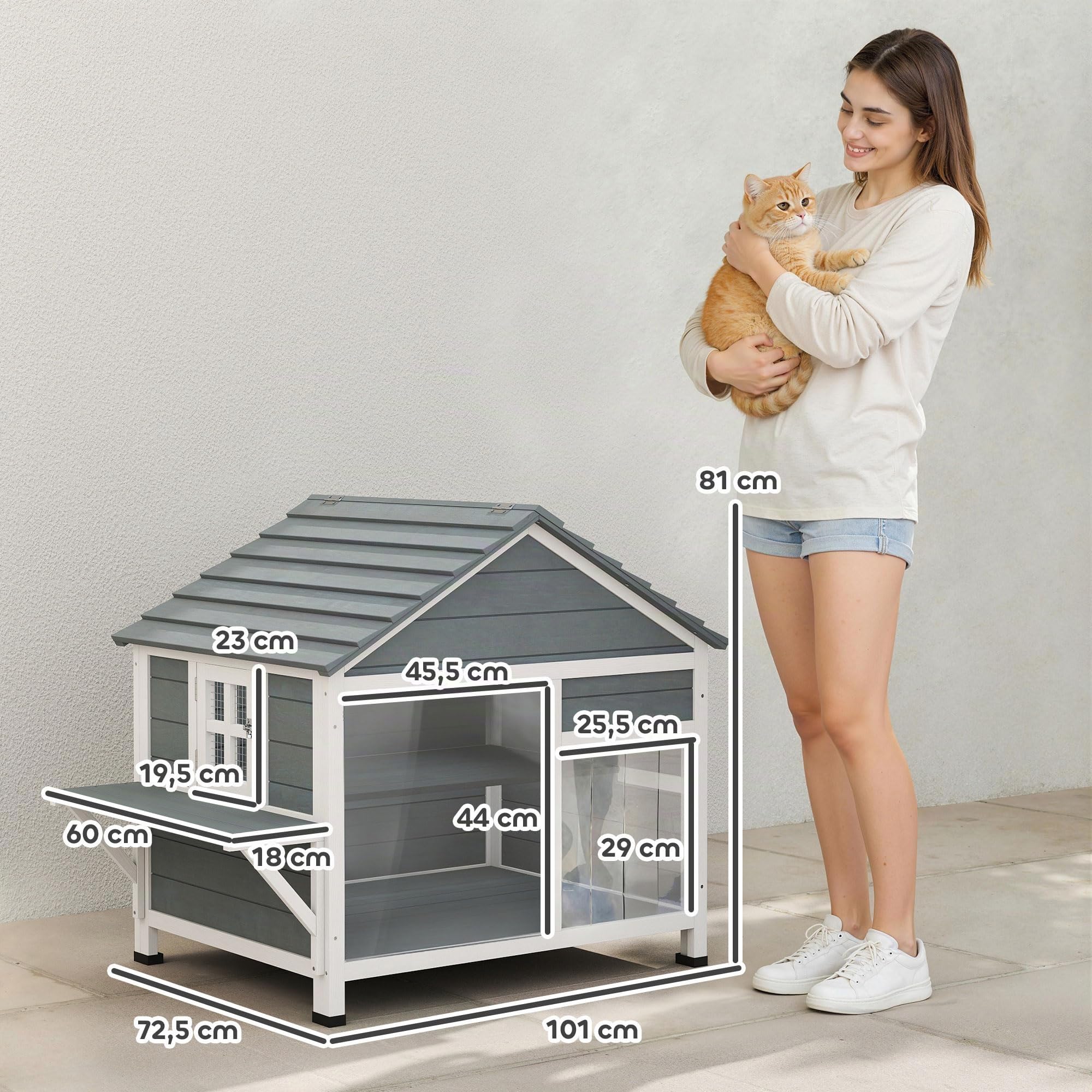 PawHut Casa per gatti in legno resistente alle intemperie con tetto apribile, nicchia esterna con finestra, porta a lamelle e piattaforma, grande villa gatto a doppio piano, 101 x 72,5 x 81 cm, grigio