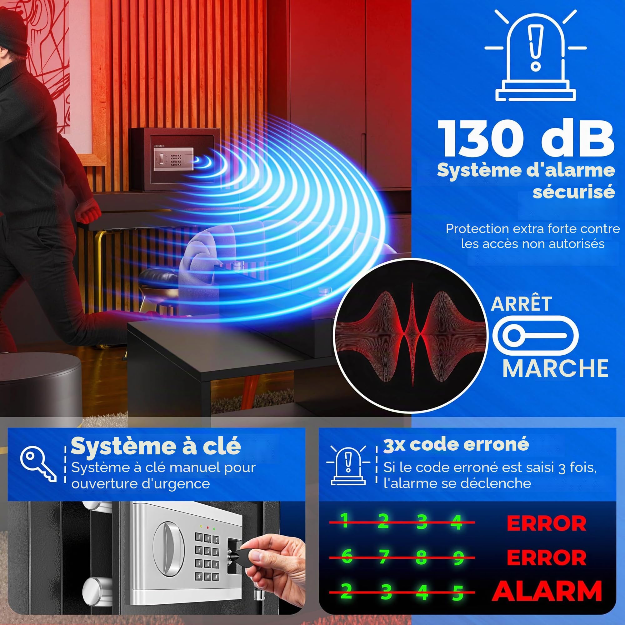 KESSER® Coffre-fort électronique | 40x50x40cm | Incl. boîte à piles | Coffre-fort électronique | 3x double verrouillage | Coffre-fort mural au sol | Coffre-fort pour meuble | Éclairage intérieur |