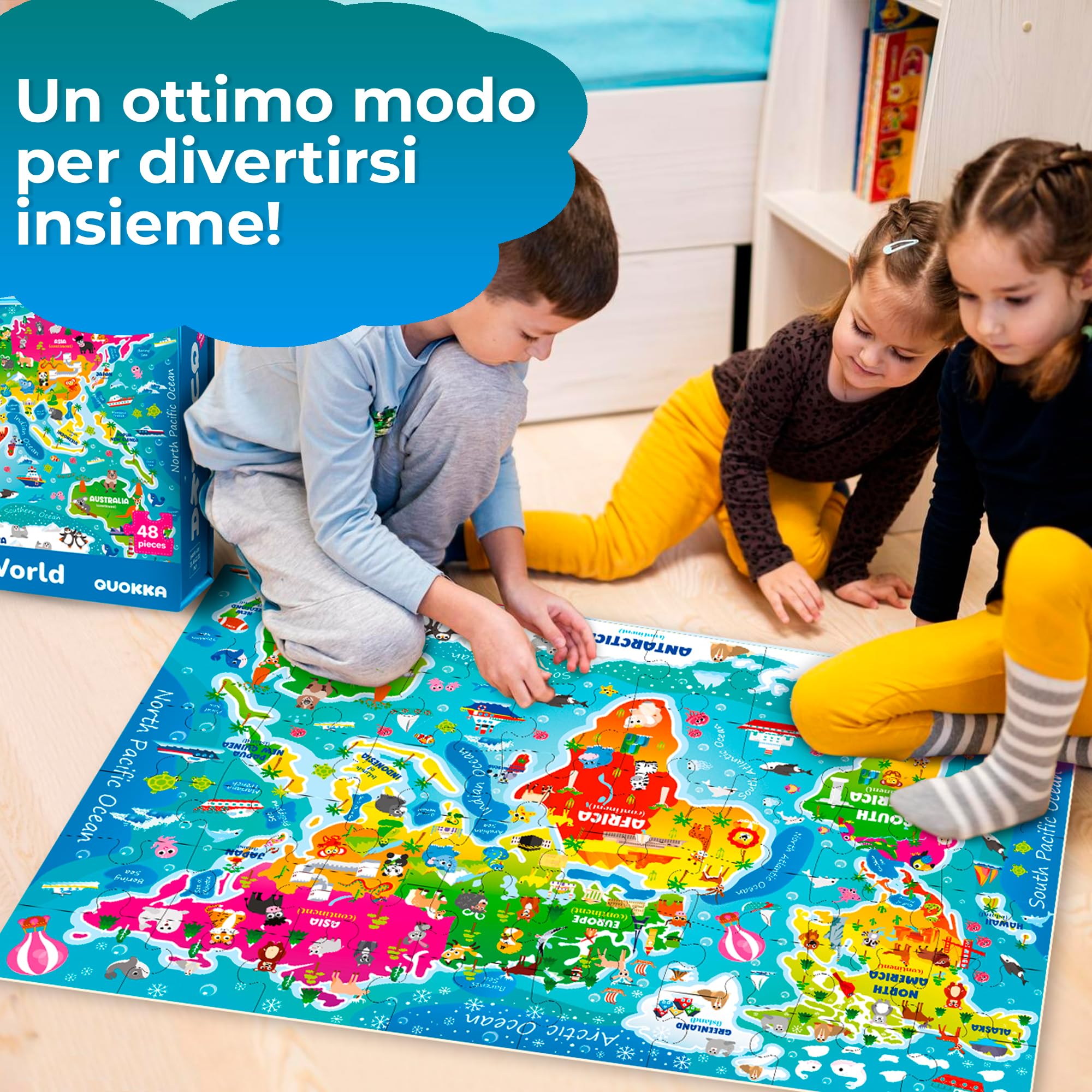 QUOKKA Grande Puzzle Bambini 3 4 5 Anni - 60x90 cm 48 Pezzi Puzzle Mappamondo Bambini 5 6 Anni - Gigante da Pavimento Giocattolo con Mappa del Mondo - Regalo Educativo per Ragazzi e Ragazze dai 2 ai 6