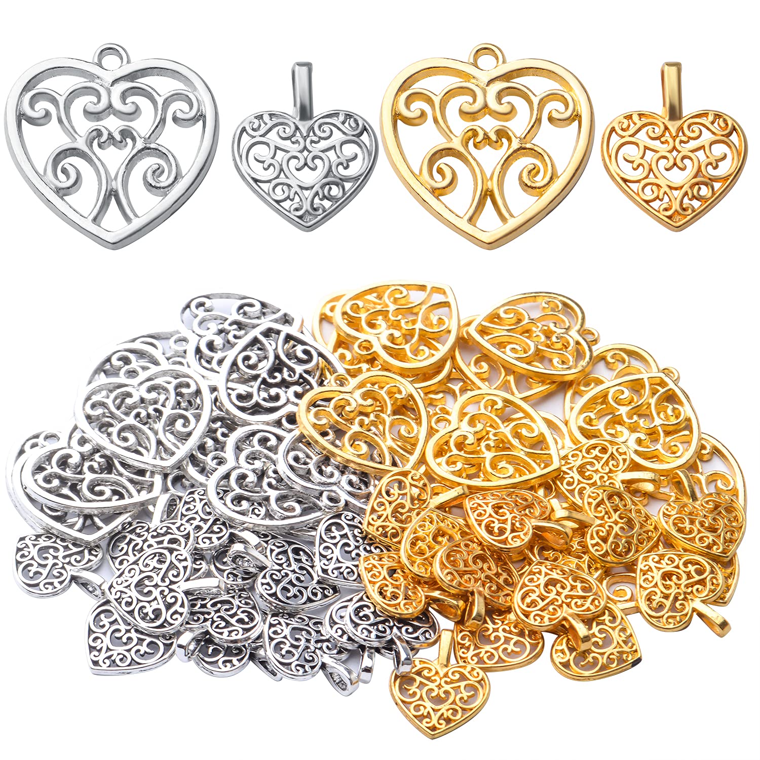 Aylifu 60pcs Heart Charms Tibetan Alloy Filigree Hollow Heart Love Charm Pendants for DIY Earring Bracelet Jewelry Crafts Making,2 Styles