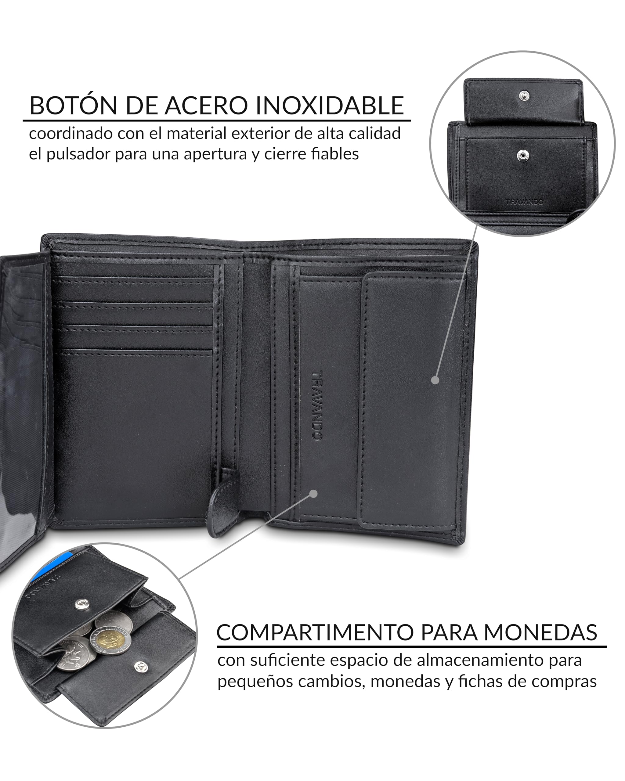 TRAVANDO Cartera Hombre Dublin con Bloqueador RFID Billetera Negra Tarjetero Monedero