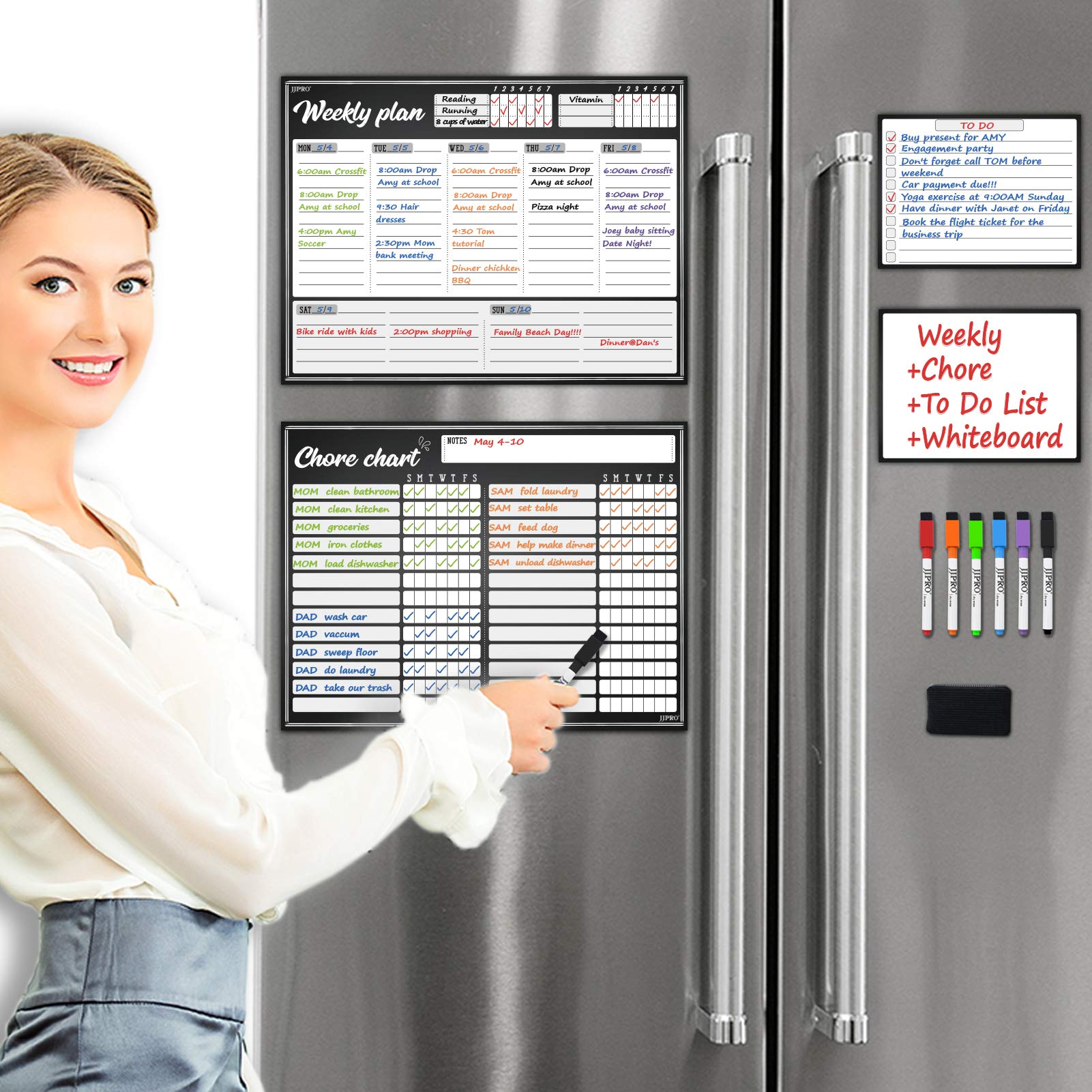 JJPROMagnetic Dry Erase Chore Chart and Weekly Calendar Set for Fridge-Chore Chart for Multiple Kids,Weekly Planner Board,Bonus to-do Whiteboard