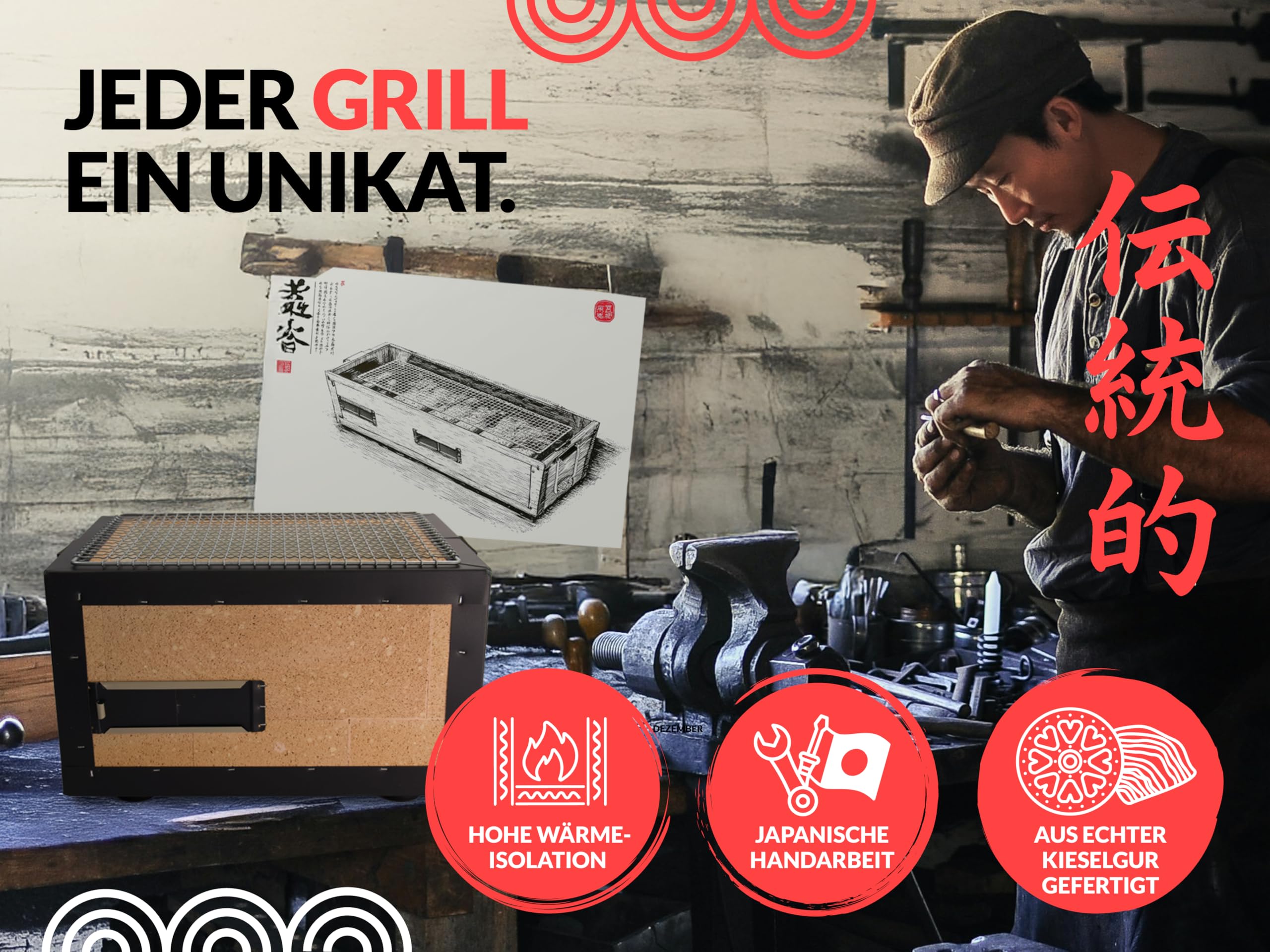 Konro Grill – traditioneller japanischer Holzkohlegrill aus natürlichem Diatomit Sedimentgestein – ideal für Yakitori & Yakiniku – kompakter Tischgrill – handgefertigt in Japan - Mittel (54x23x20cm)