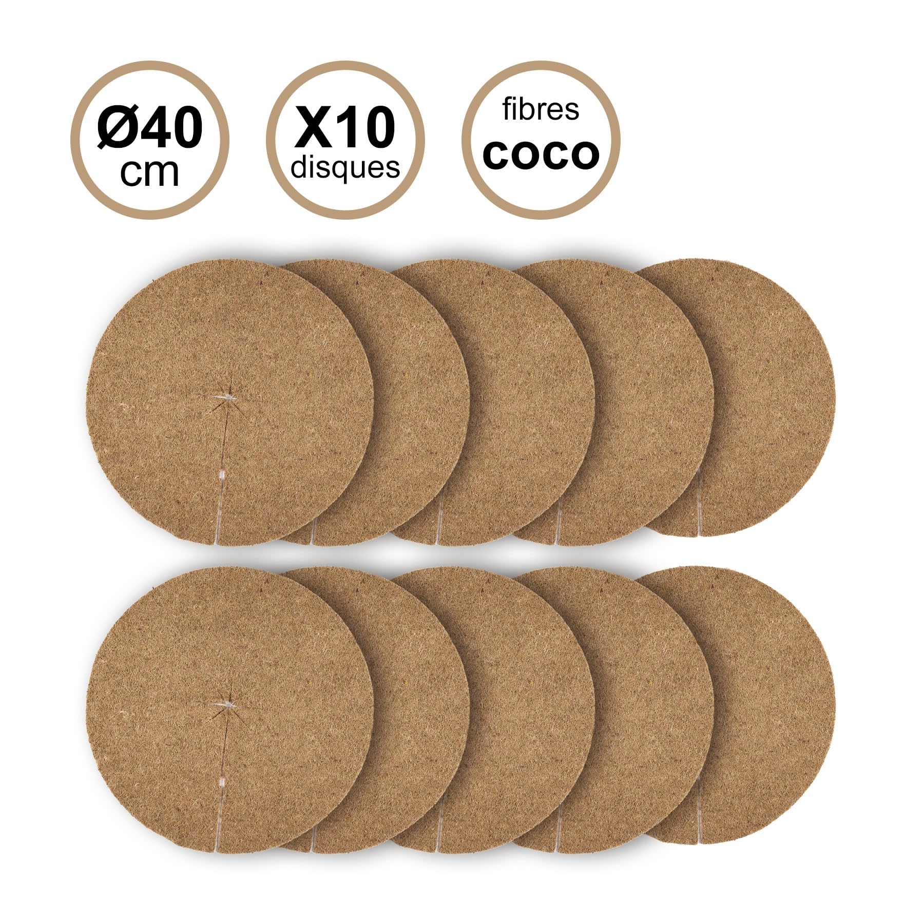 La cordeline Set di 10 Dischi pacciamatura, Ø 40 cm, in Fibra di Cocco Naturale, 900 g/m², Tappeto Protettivo per Piante, Erbe Cattive, Protezione pianta in Vaso, Marrone