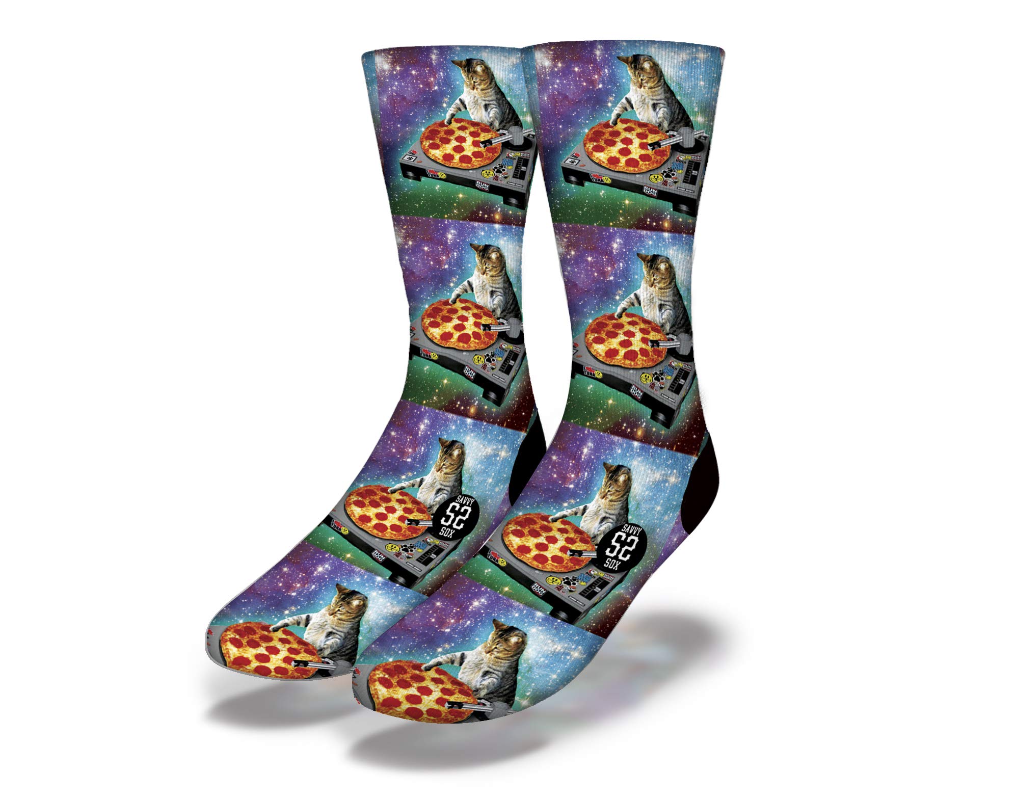 DJ Pizza Cat Socks - Polyblend Fabric, Ribbed Cushioned Heel - One Size Fits All