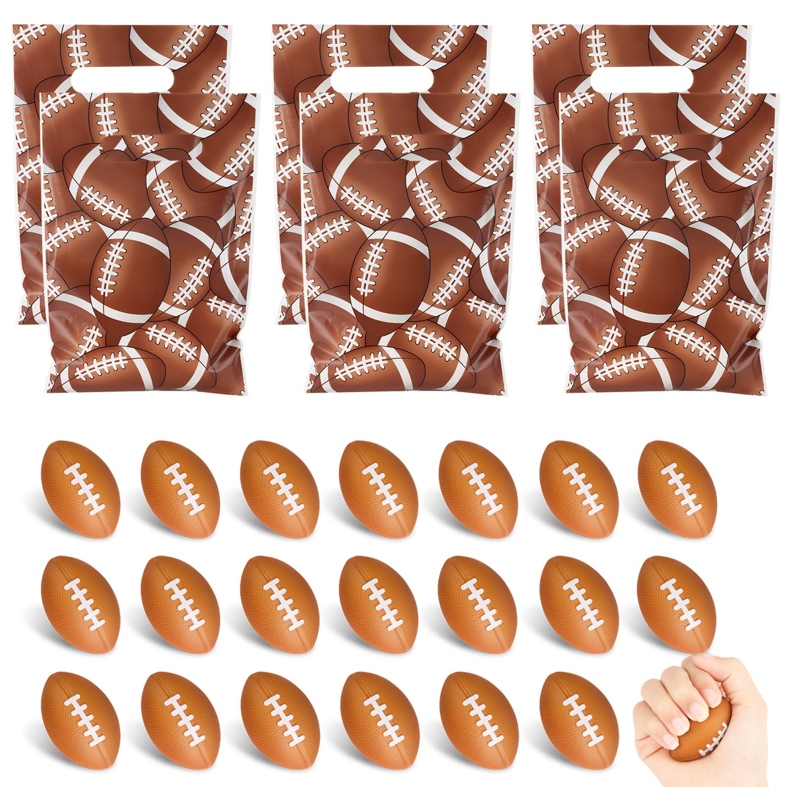 Hooqict 25 Pack Mini Football Stress Ball & 50PCS Football Gift Bags with Handle for Kids Boys Girls Sports Theme Birthday Team Player Gifts Game Day Tailgate Party Supplies