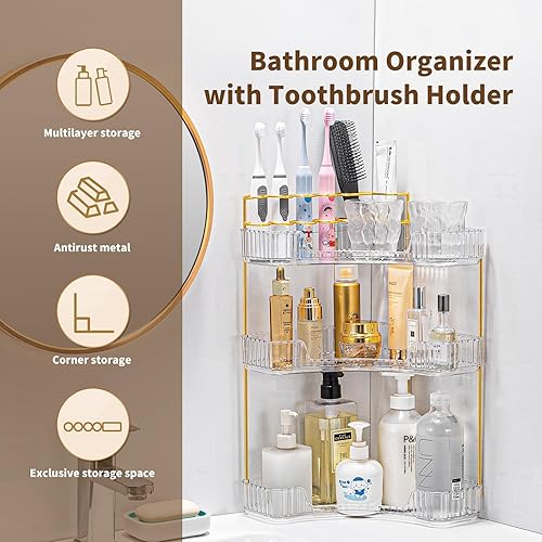 Miniatura 5 de NATURE'S SOURCE Organizador de maquillaje para tocador, organizador de baño de esquina de 3 niveles con soporte para brochas de maquillaje,