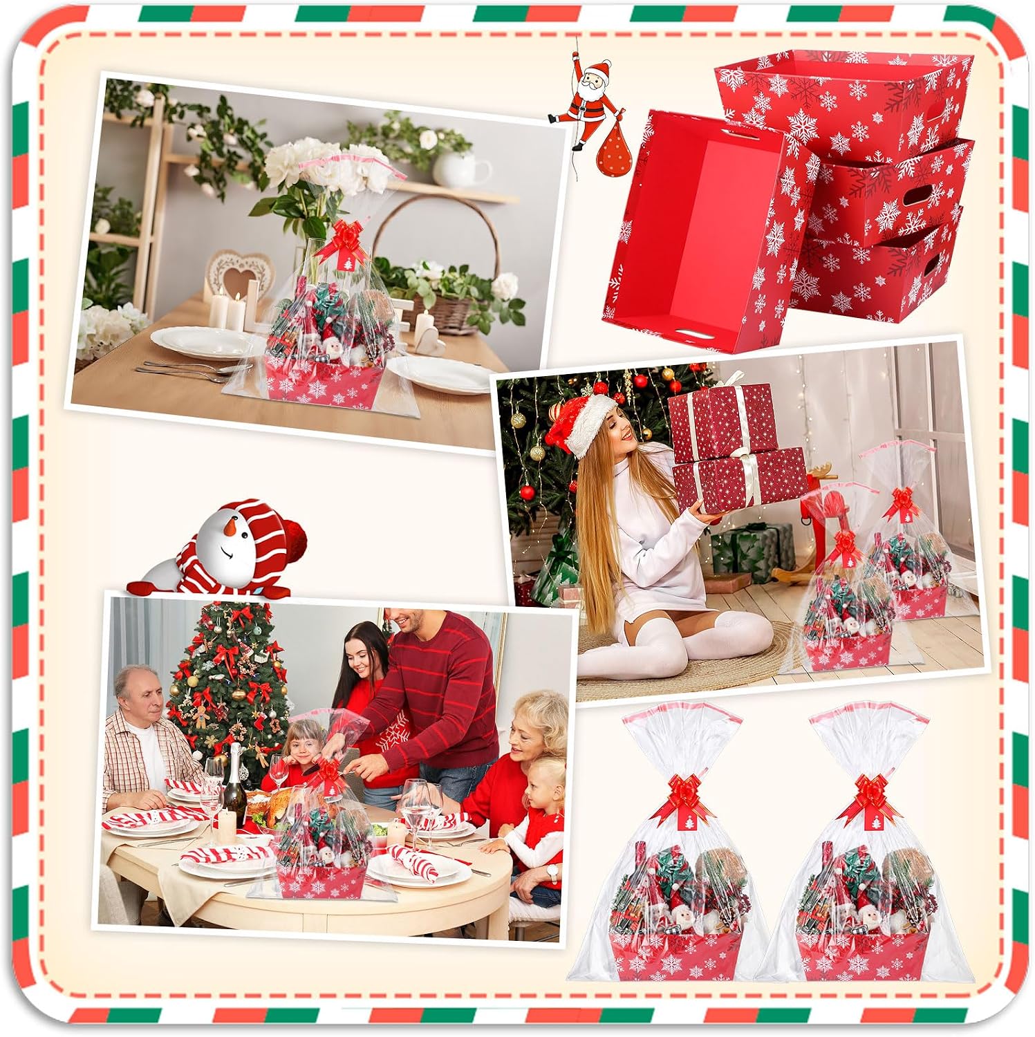 Cholemy Large Snowflake Gift Baskets Empty for Gifts to Fill 10 x 12 Inch Red Winter Cardboard Baskets with Transparent Bags Red Bows and Tags Sets for Winter Valentines Day Party Decorations(12 Set)