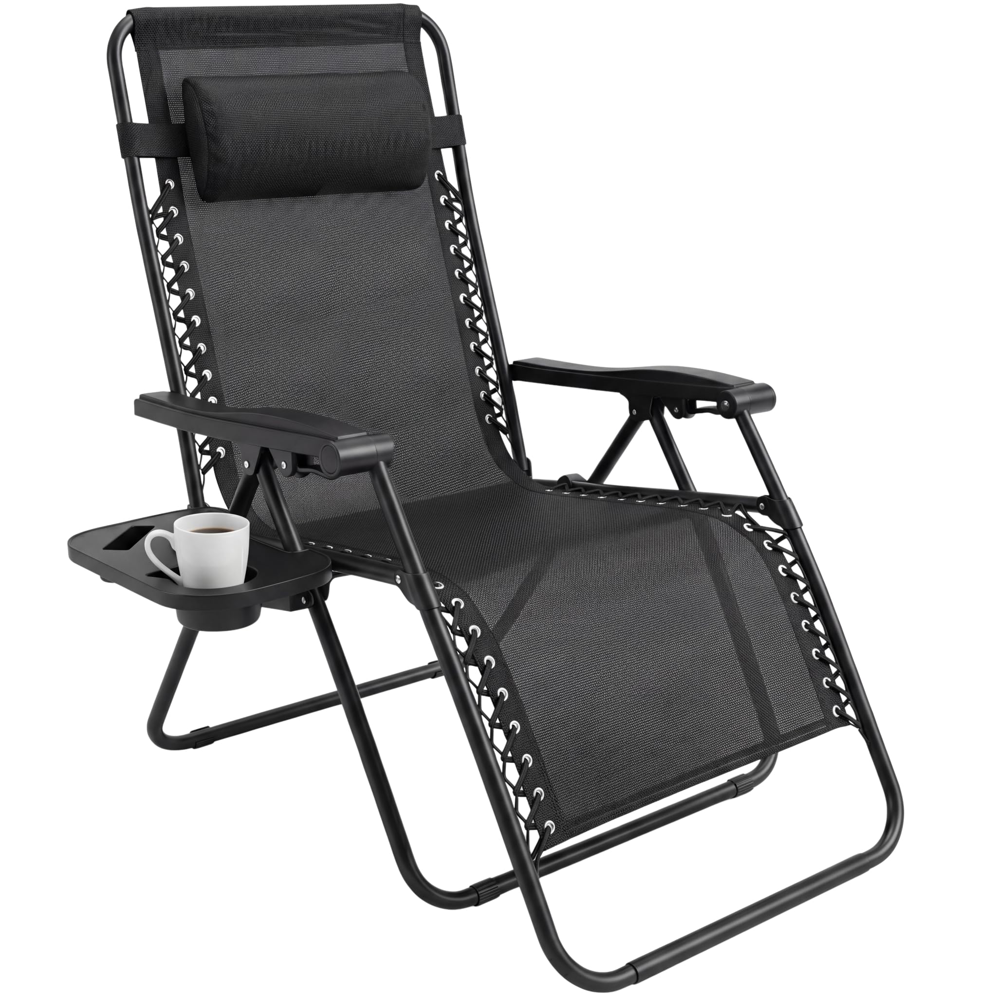 Folding Reclining Adjustable Zero Gravity Lounge Chair, Garden Chair Leisure Beach Chairs with Headrest and Cup Holder, Sun Loungers Powder-Coated Steel Frames, Sunlounger for Deck Chairs, Patio,Black