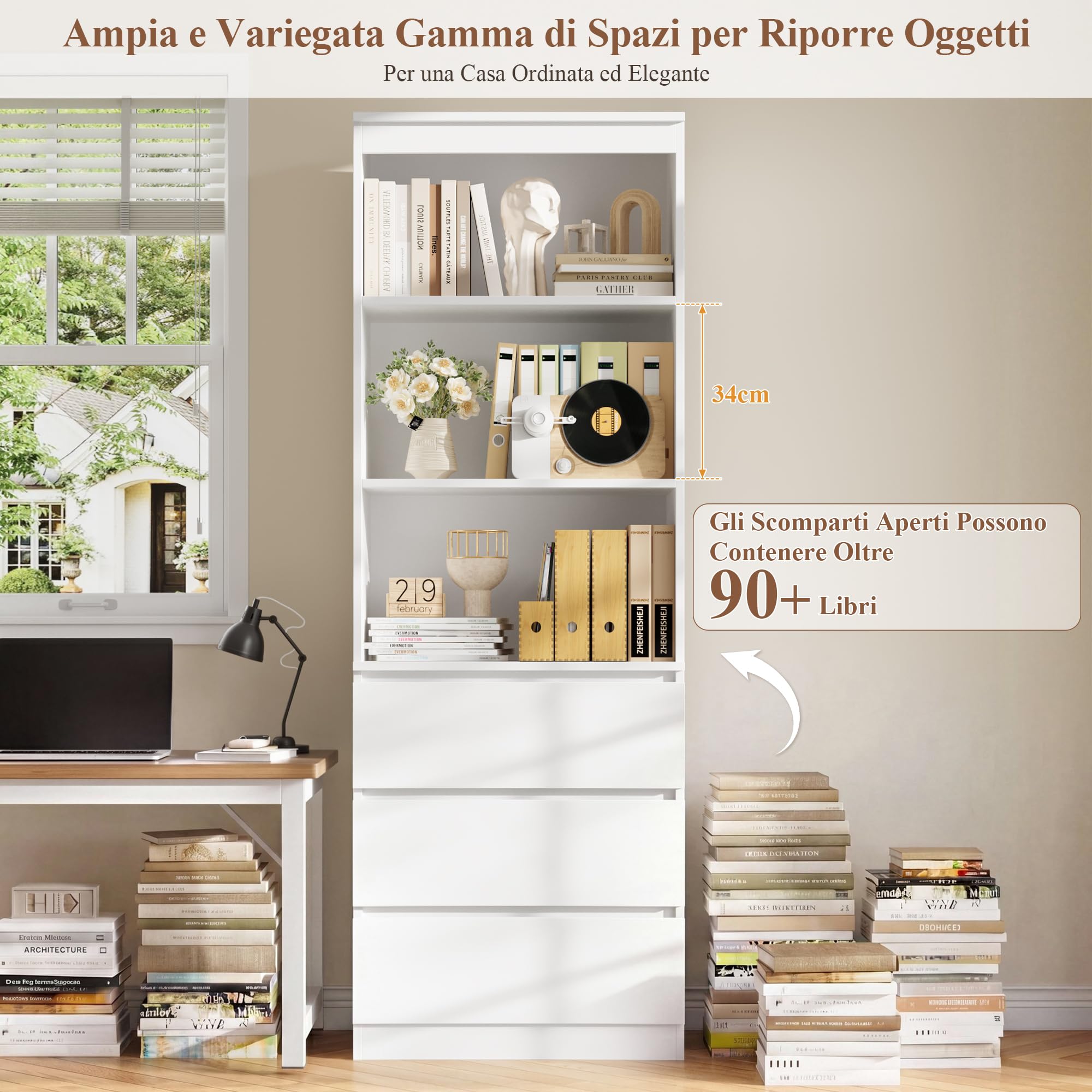 FirFurd Scaffale Libreria con 3 Scomparti Aperti e Cassetto,Scaffale per Libri,Mobiletto Armadietto Mobile in Legno,Mobile Alto Salvaspazio,per Soggiorno, Camera Letto, Studio 60x35x180cm (Bianco)