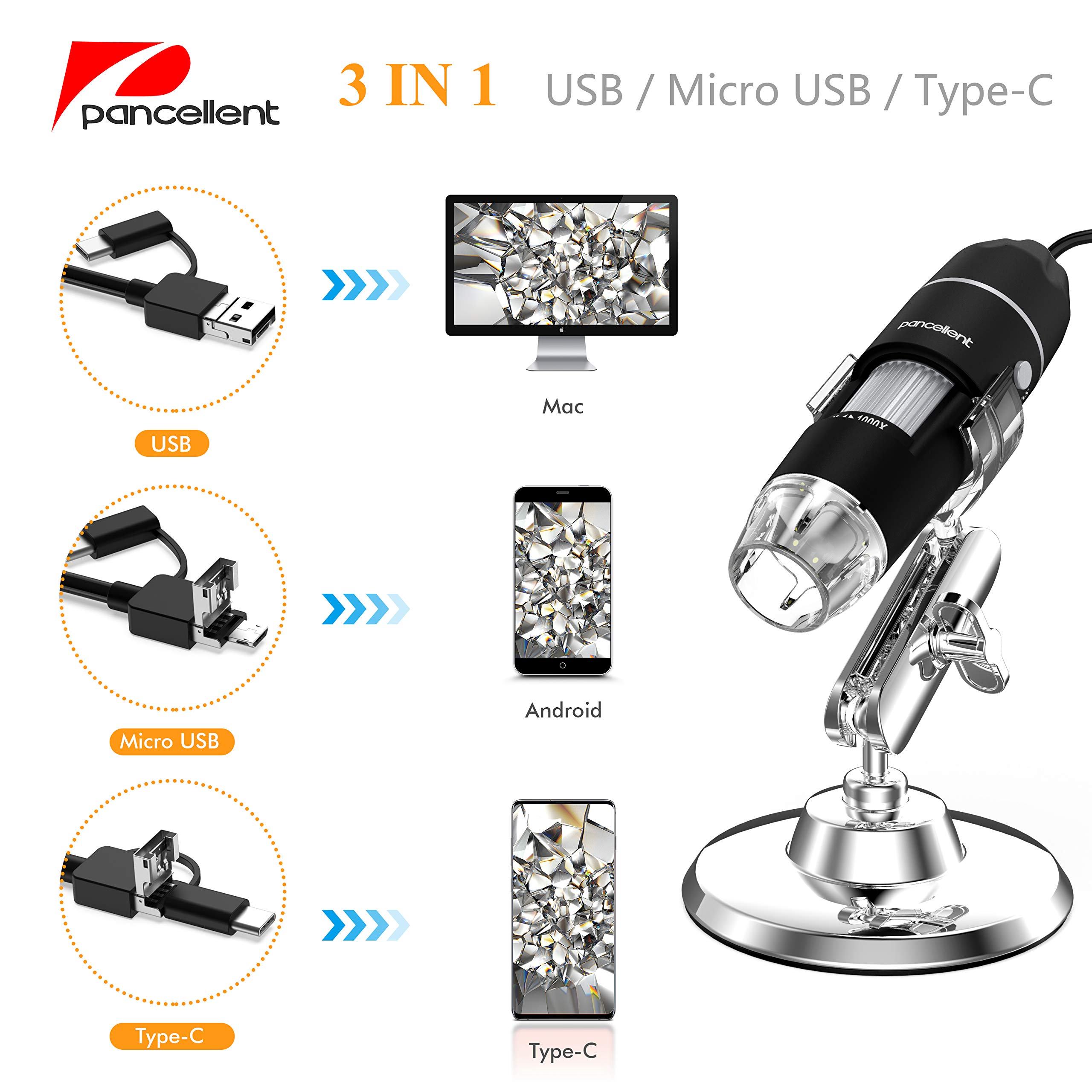 Pancellent Microscopio Digital, microscopía de Aumento USB 1080P 50X a 1000X con 8 LED, colección de Diapositivas de 12 Paquetes (Nivel de Inicio, Negro)