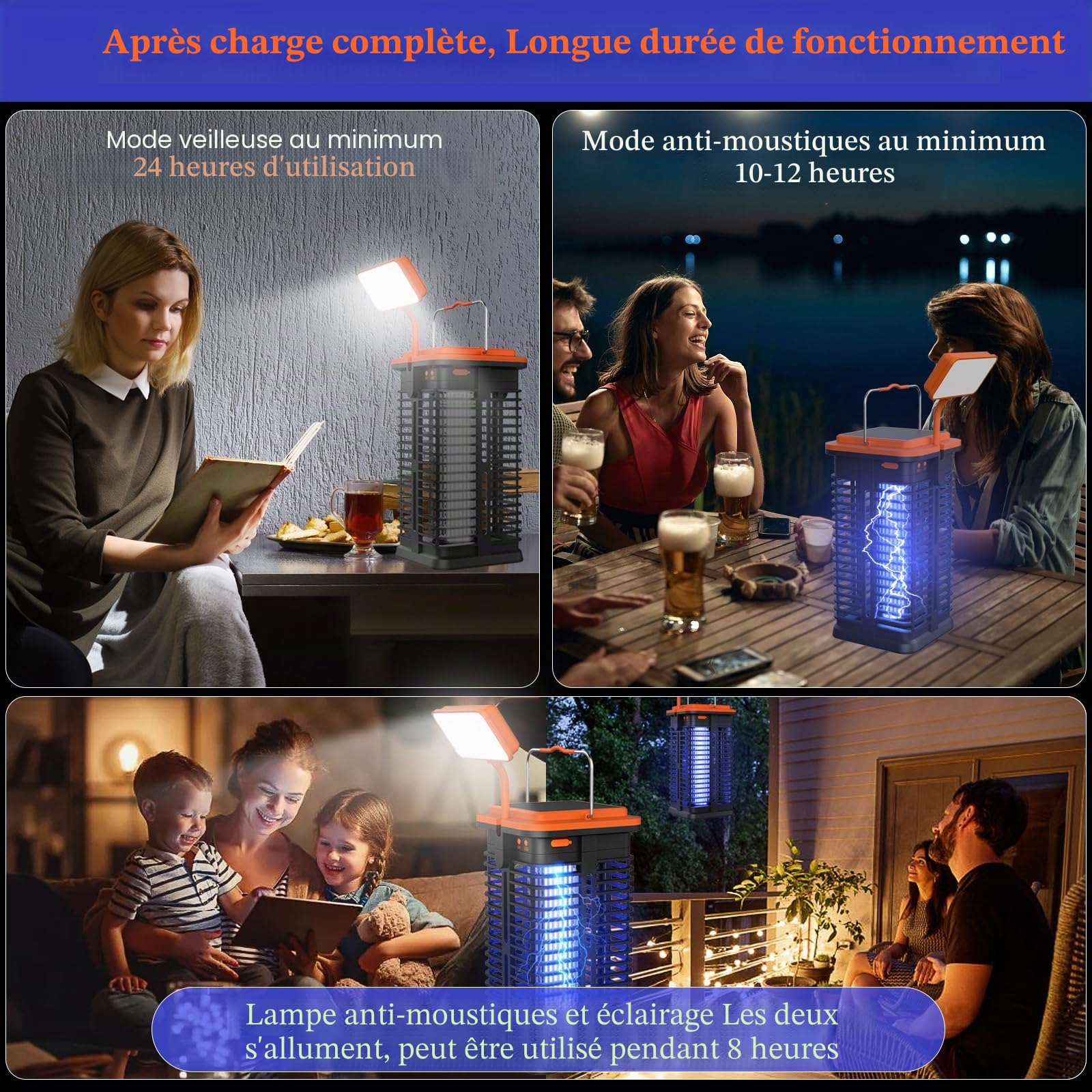 Lampe Anti Moustique Solaire avec LED Lumière, 4000mAh Lampe Anti Moustique Electrique Interieur, Solaire et Rechargeable par USB Lampe UV Anti Moustique Exterieur pour Bureau Chambre Camping