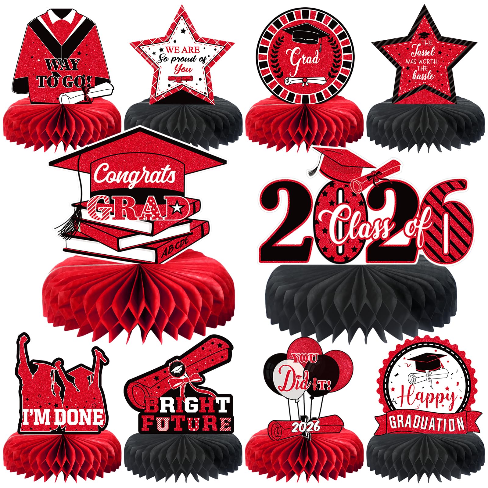 10PCS Graduation Party Decorations Class of 2026 Congrats Grad Table Centerpieces Congratulate Graduation Honeycomb Table Toppers for Graduation Party